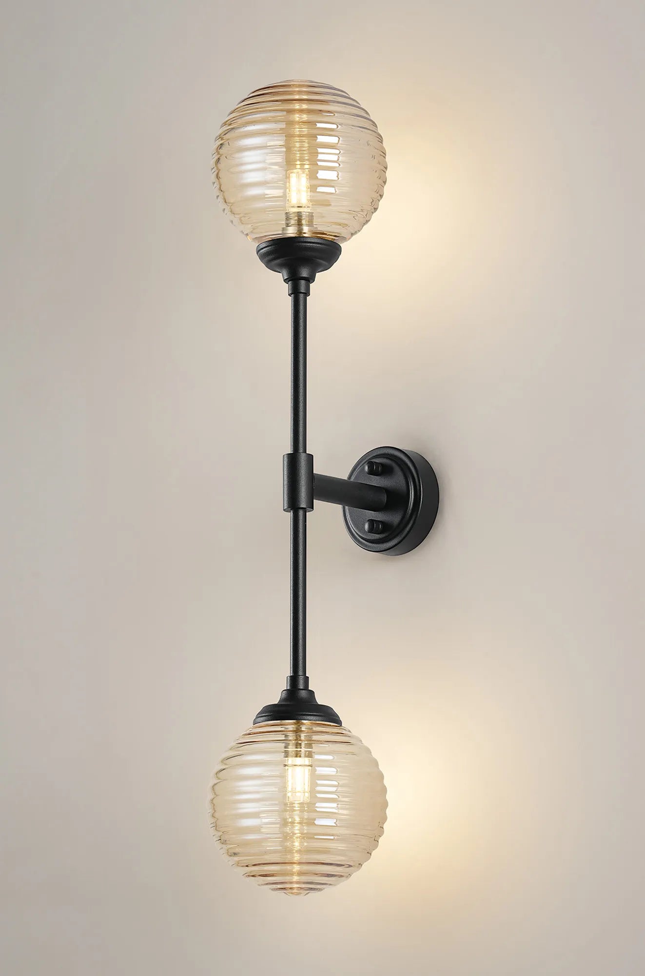 Dene Ceiling & Wall Light - Linear 2 Light - IP44 Satin Black & Amber Ribbed Round Glass