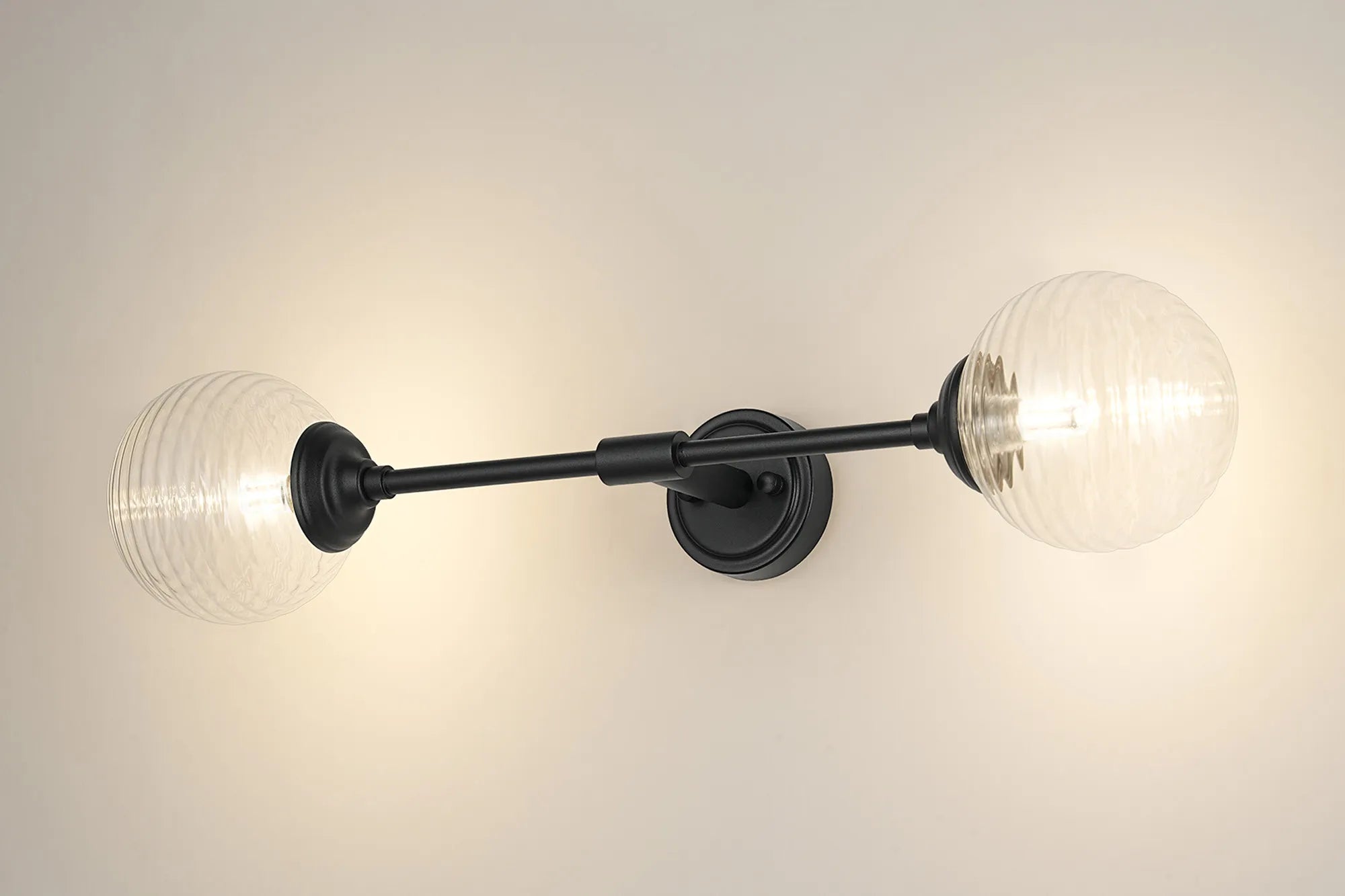 Dene Ceiling & Wall Light - Linear 2 Light - IP44 Satin Black & Glass Ribbed Round Glass