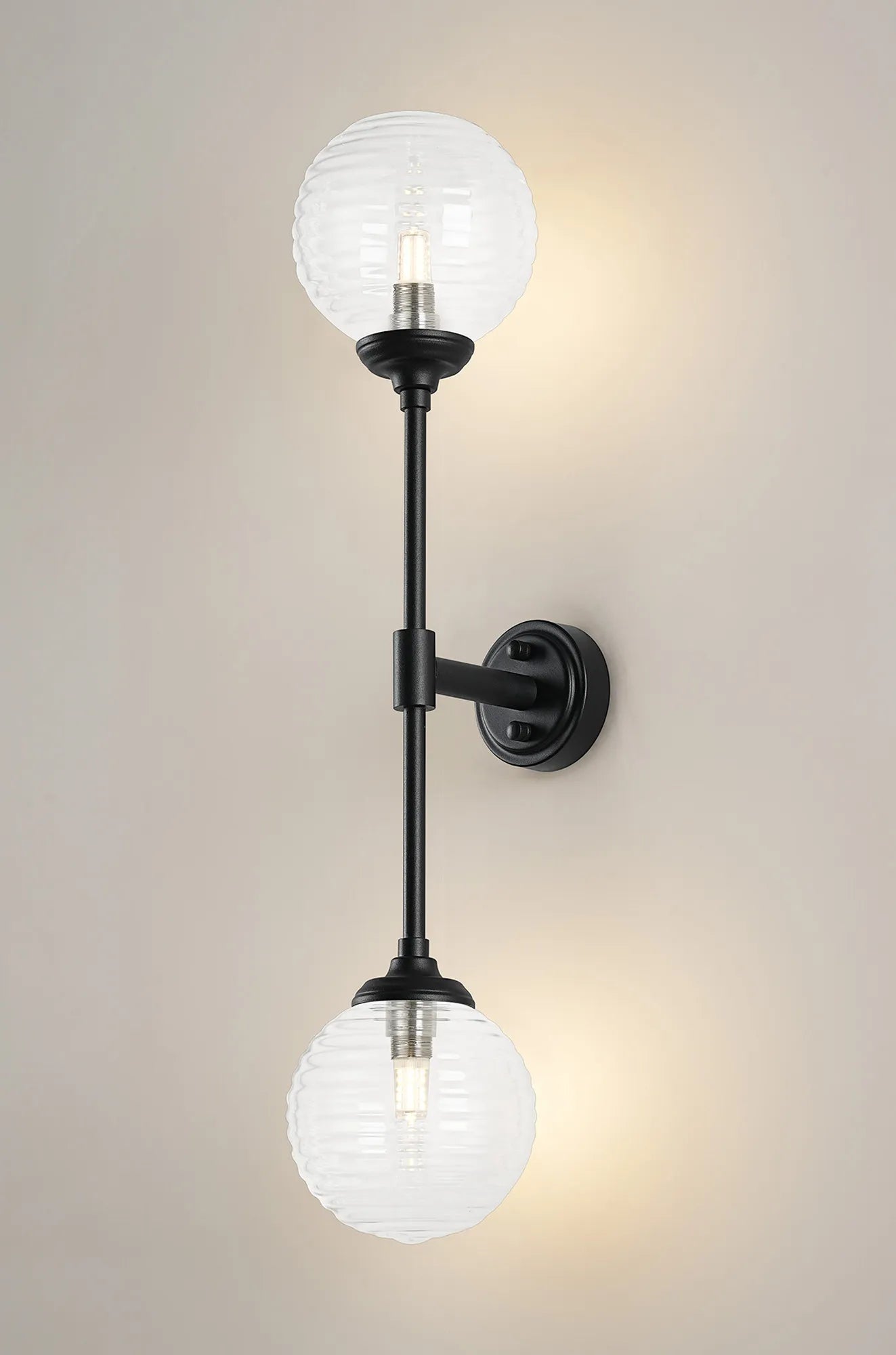 Dene Ceiling & Wall Light - Linear 2 Light - IP44 Satin Black & Glass Ribbed Round Glass