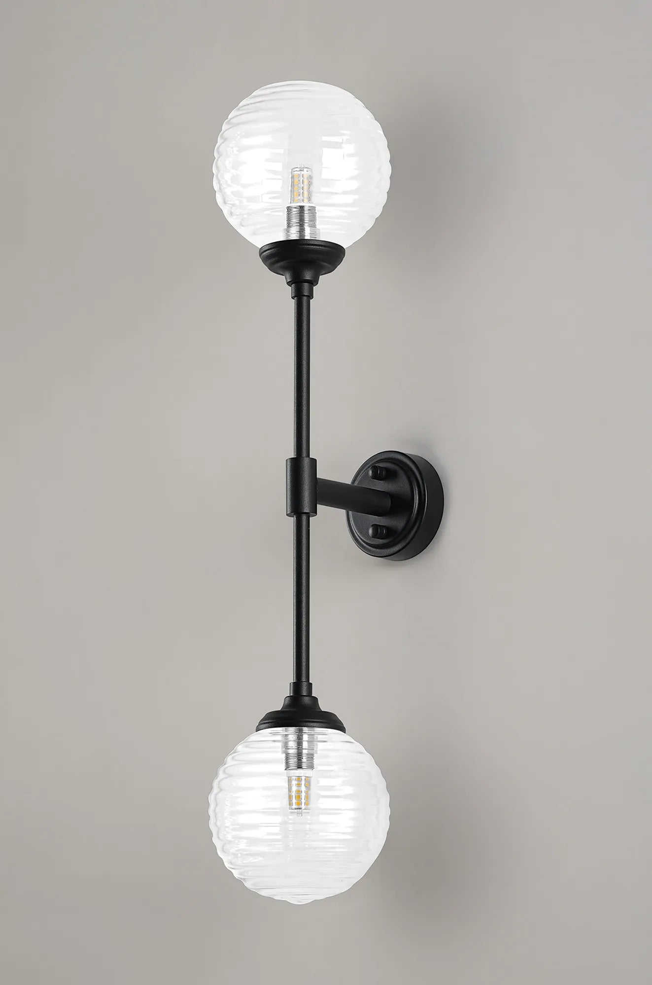 Dene Ceiling & Wall Light - Linear 2 Light - IP44 Satin Black & Glass Ribbed Round Glass