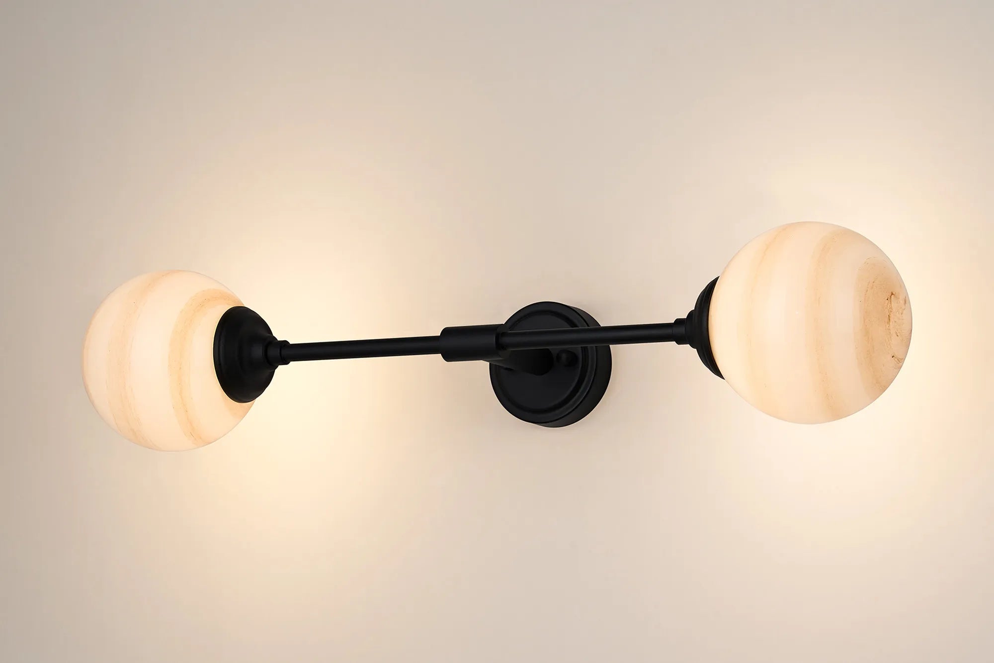Dene Ceiling & Wall Light - Linear 2 Light - IP44 Satin Black & Brown, White Round Marble Effect Glass