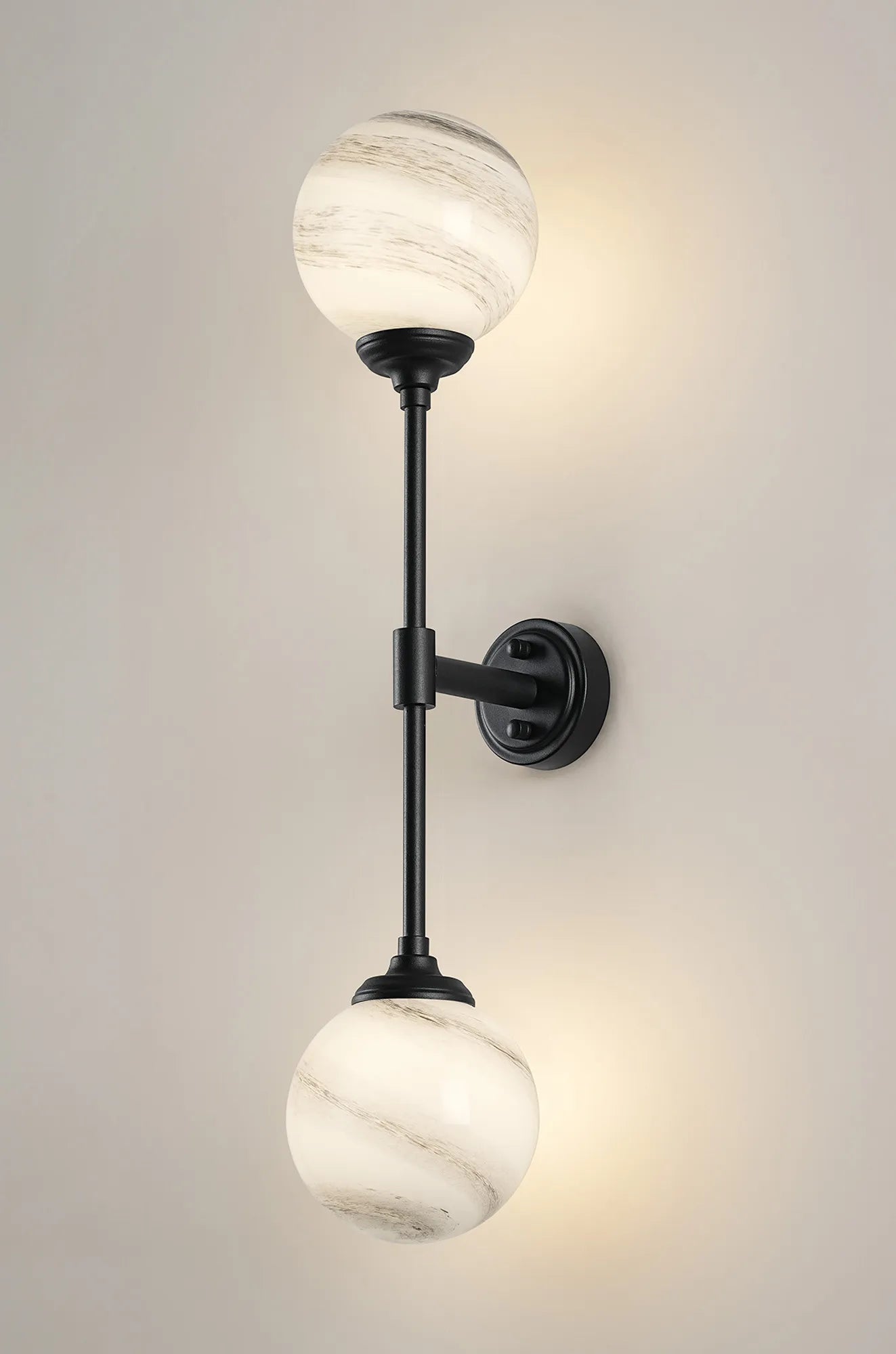 Dene Ceiling & Wall Light - Linear 2 Light - IP44 Satin Black & Grey, White Round Marble Effect Glass