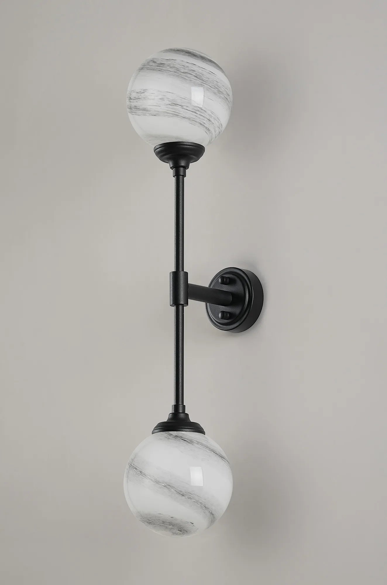 Dene Ceiling & Wall Light - Linear 2 Light - IP44 Satin Black & Grey, White Round Marble Effect Glass