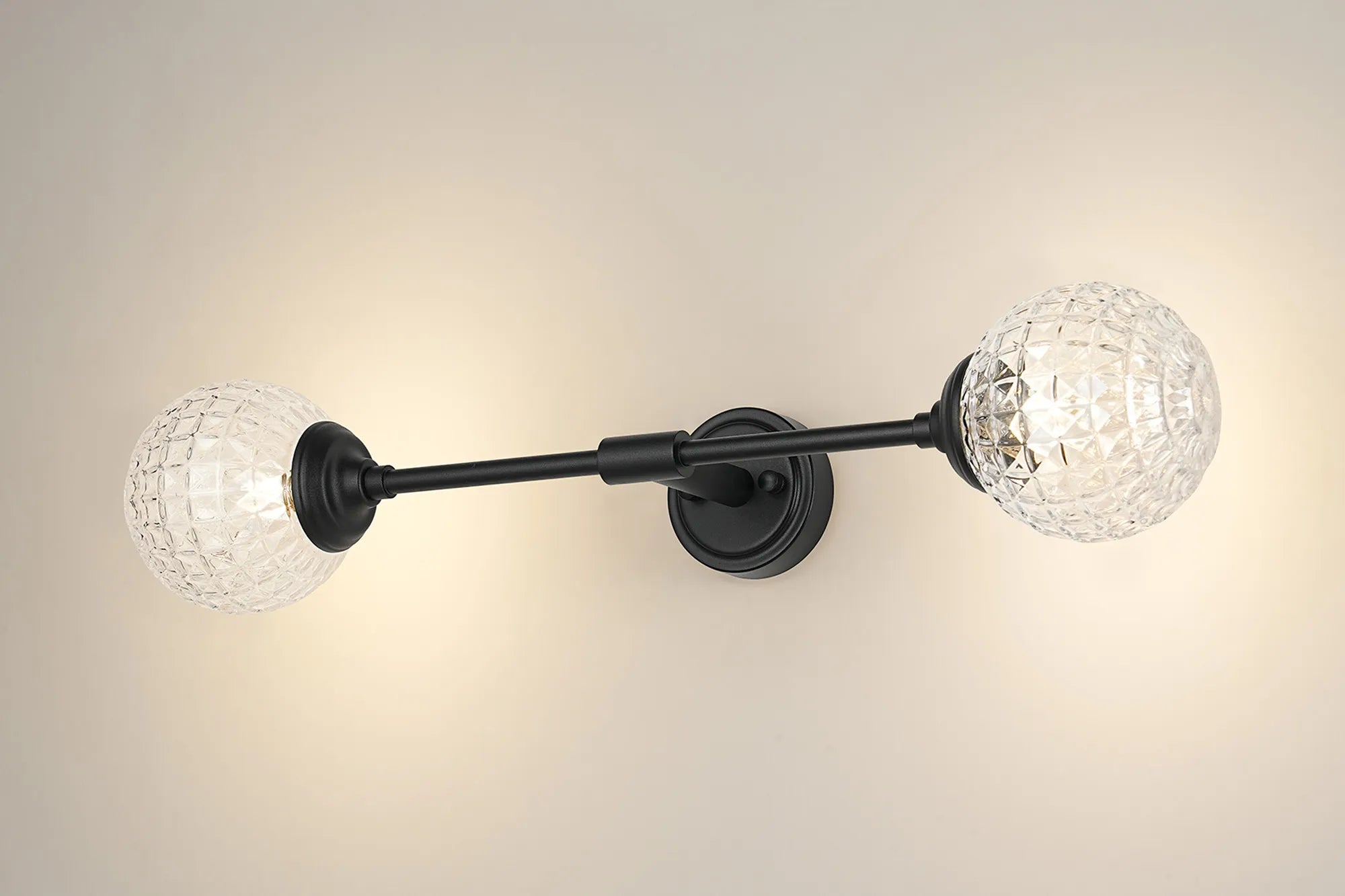 Dene Ceiling & Wall Light - Linear 2 Light - IP44 Satin Black & Glass Cross Pattern Round Glass