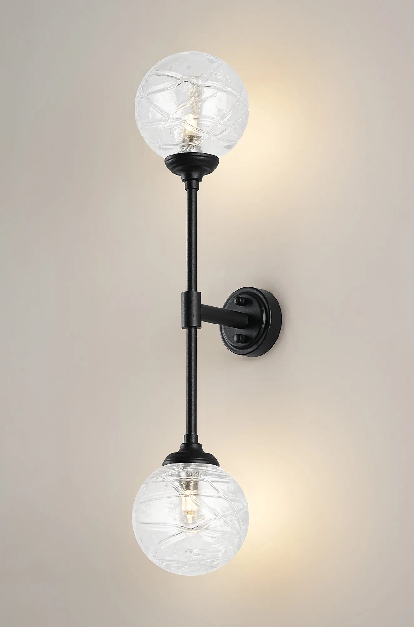 Dene Ceiling & Wall Light - Linear 2 Light - IP44 Satin Black & Glass Dune Effect Round Glass