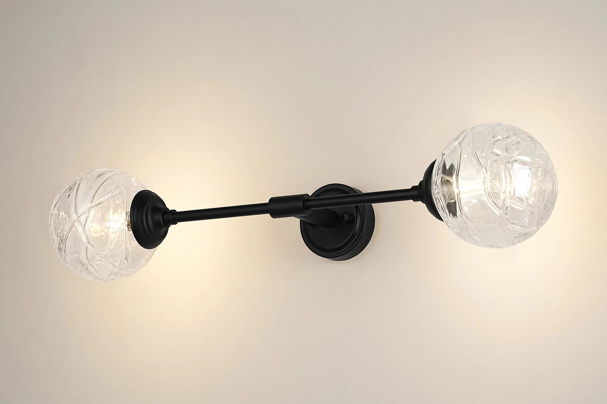 Dene Ceiling & Wall Light - Linear 2 Light - IP44 Satin Black & Glass Dune Effect Round Glass