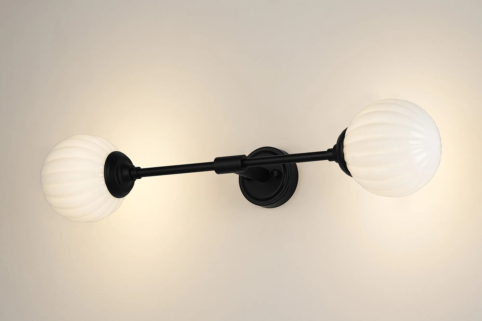 Dene Ceiling & Wall Light - Linear 2 Light - IP44 Satin Black & White Round Segment Glass