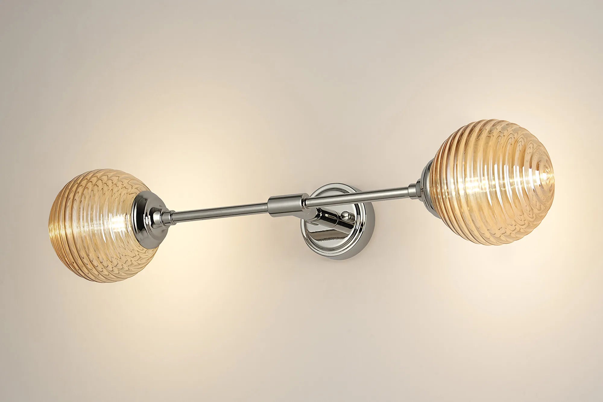 Dene Ceiling & Wall Light - Linear 2 Light - IP44 Nickel & Amber Ribbed Round Glass