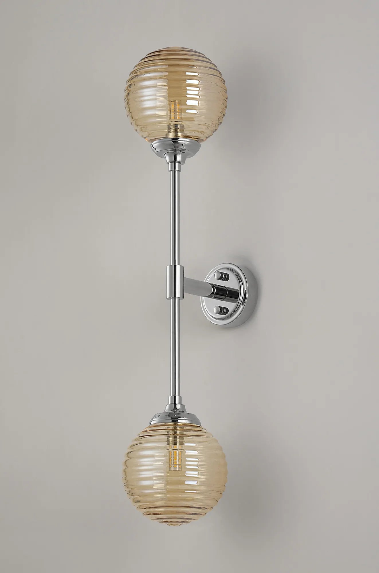 Dene Ceiling & Wall Light - Linear 2 Light - IP44 Nickel & Amber Ribbed Round Glass