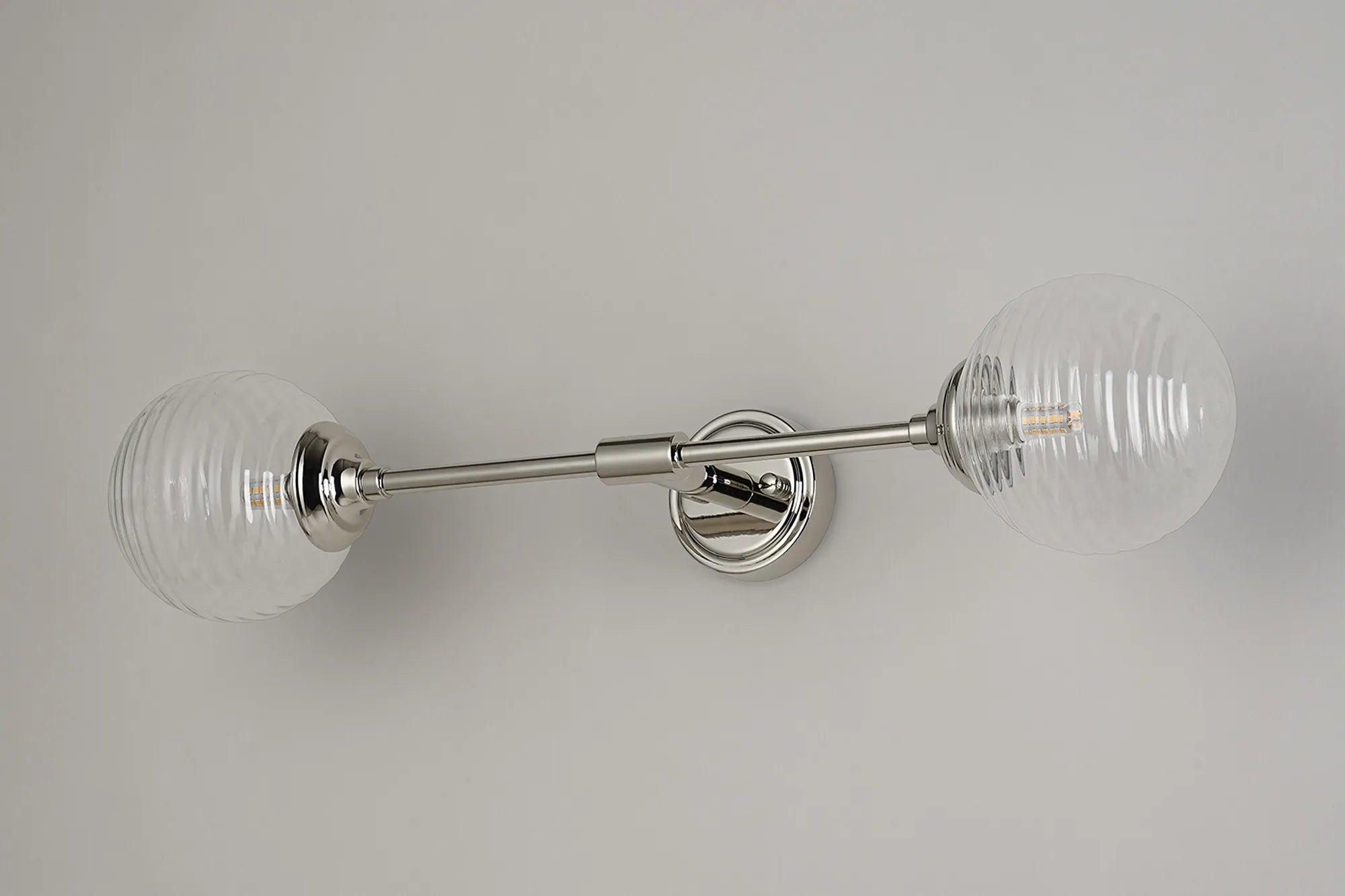 Dene Ceiling & Wall Light - Linear 2 Light - IP44 Nickel & Glass Ribbed Round Glass