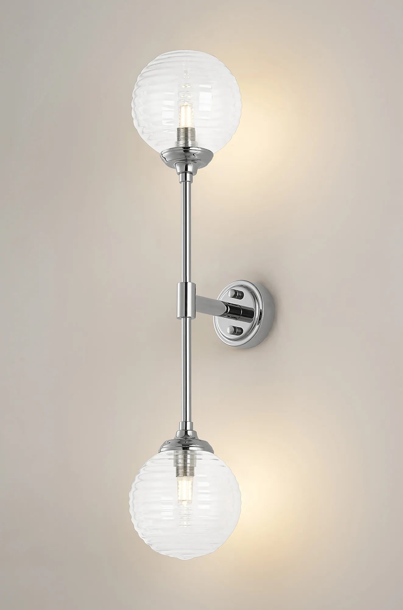 Dene Ceiling & Wall Light - Linear 2 Light - IP44 Nickel & Glass Ribbed Round Glass