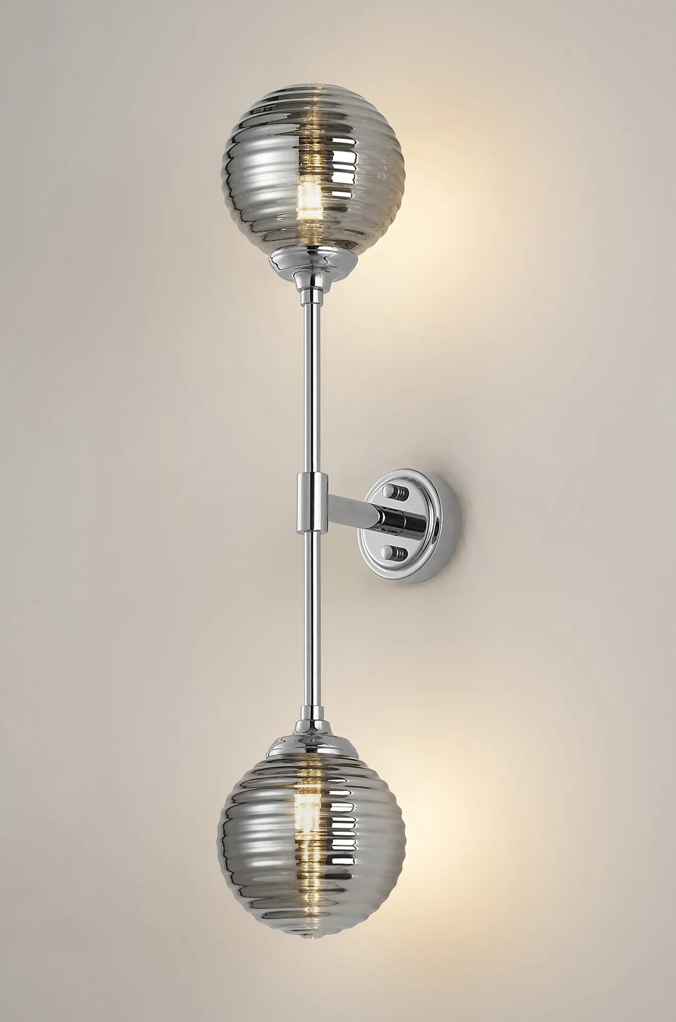 Dene Ceiling & Wall Light - Linear 2 Light - IP44 Nickel & Glass Ribbed Round Glass