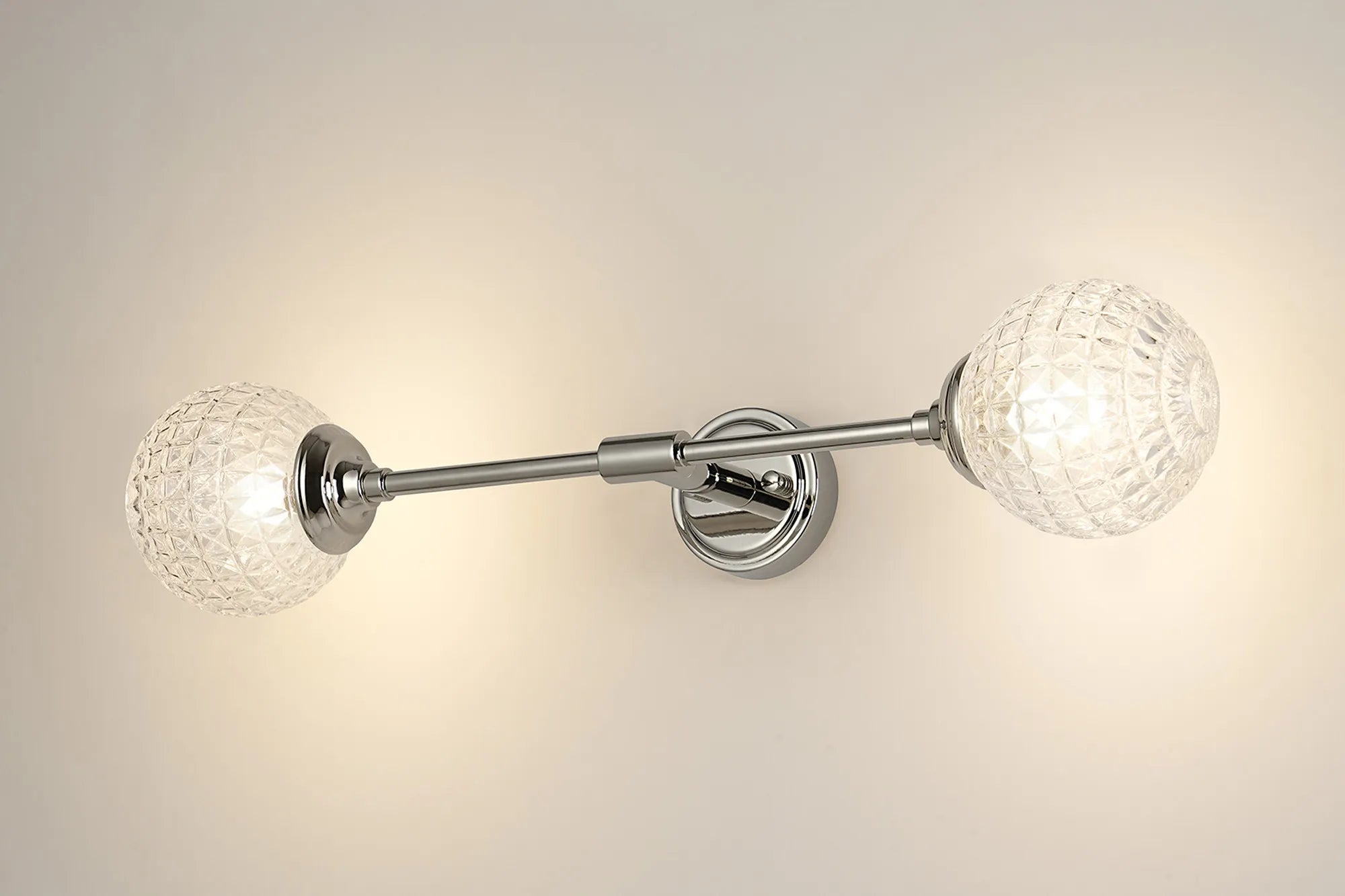 Dene Ceiling & Wall Light - Linear 2 Light - IP44 Nickel & Glass Cross Pattern Round Glass