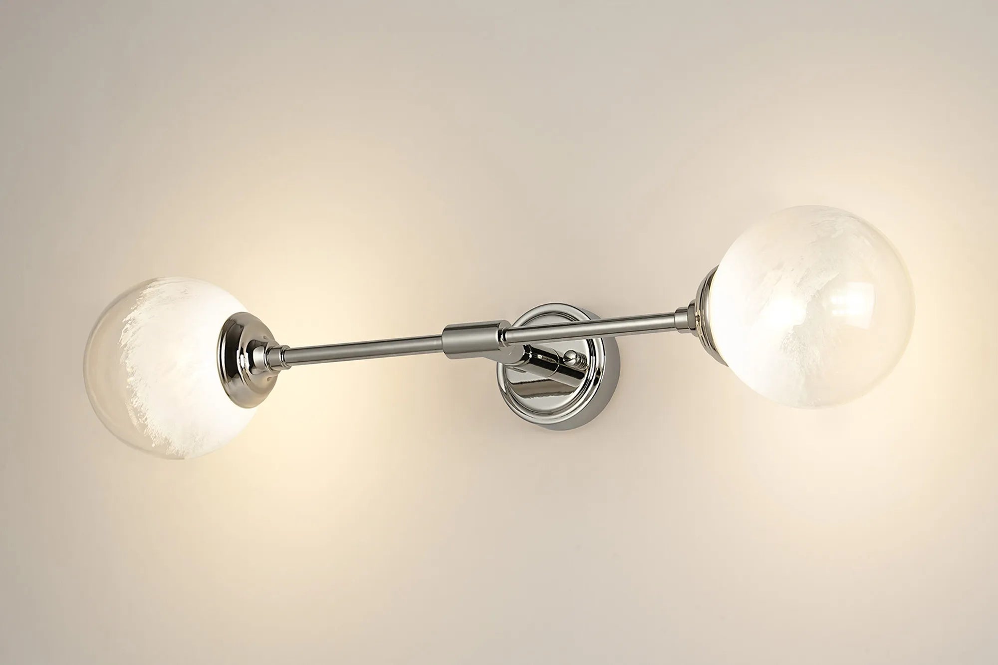 Dene Ceiling & Wall Light - Linear 2 Light - IP44 Nickel & White Two-Tone Snow Specks Round Glass
