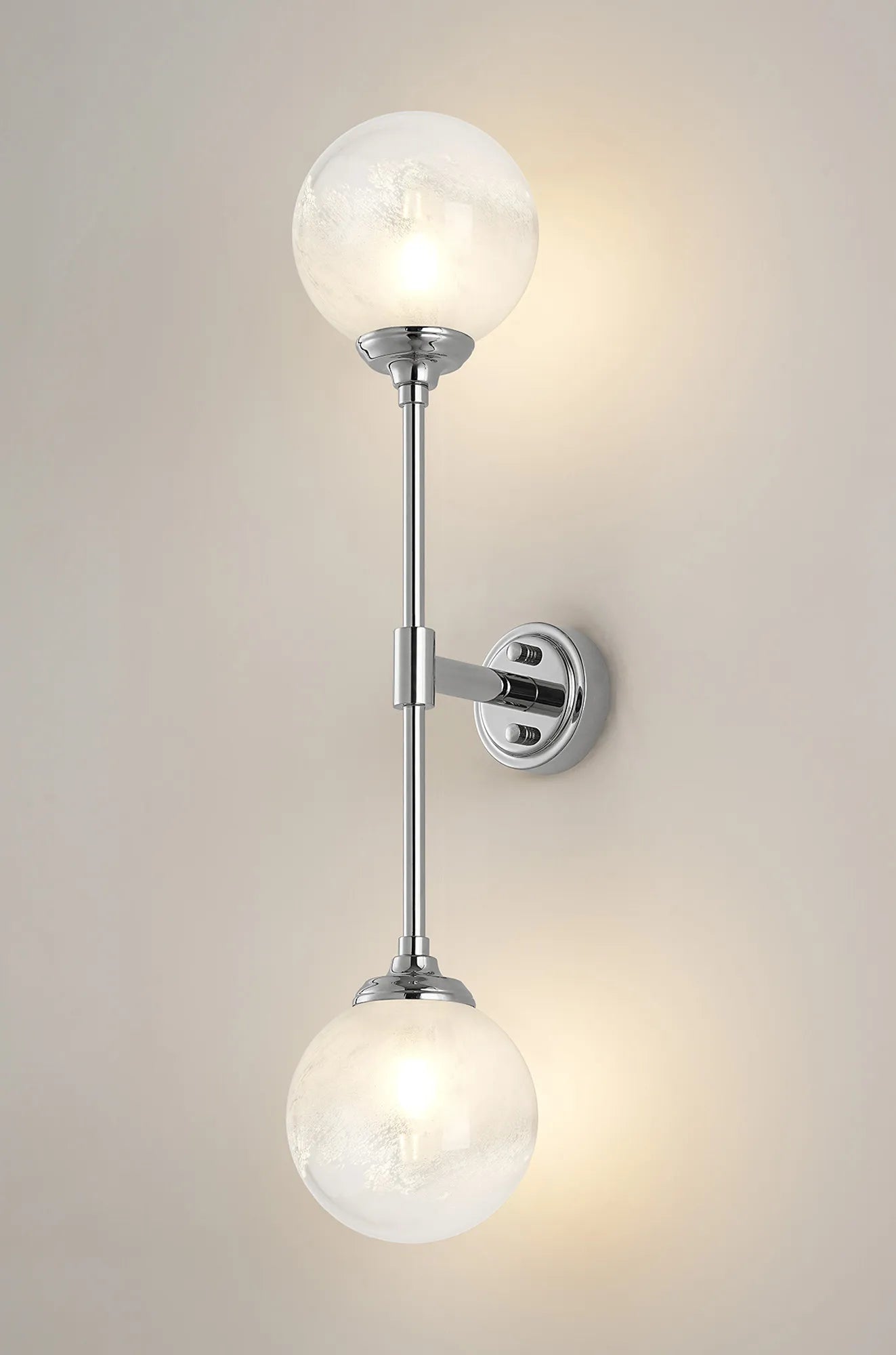 Dene Ceiling & Wall Light - Linear 2 Light - IP44 Nickel & White Two-Tone Snow Specks Round Glass