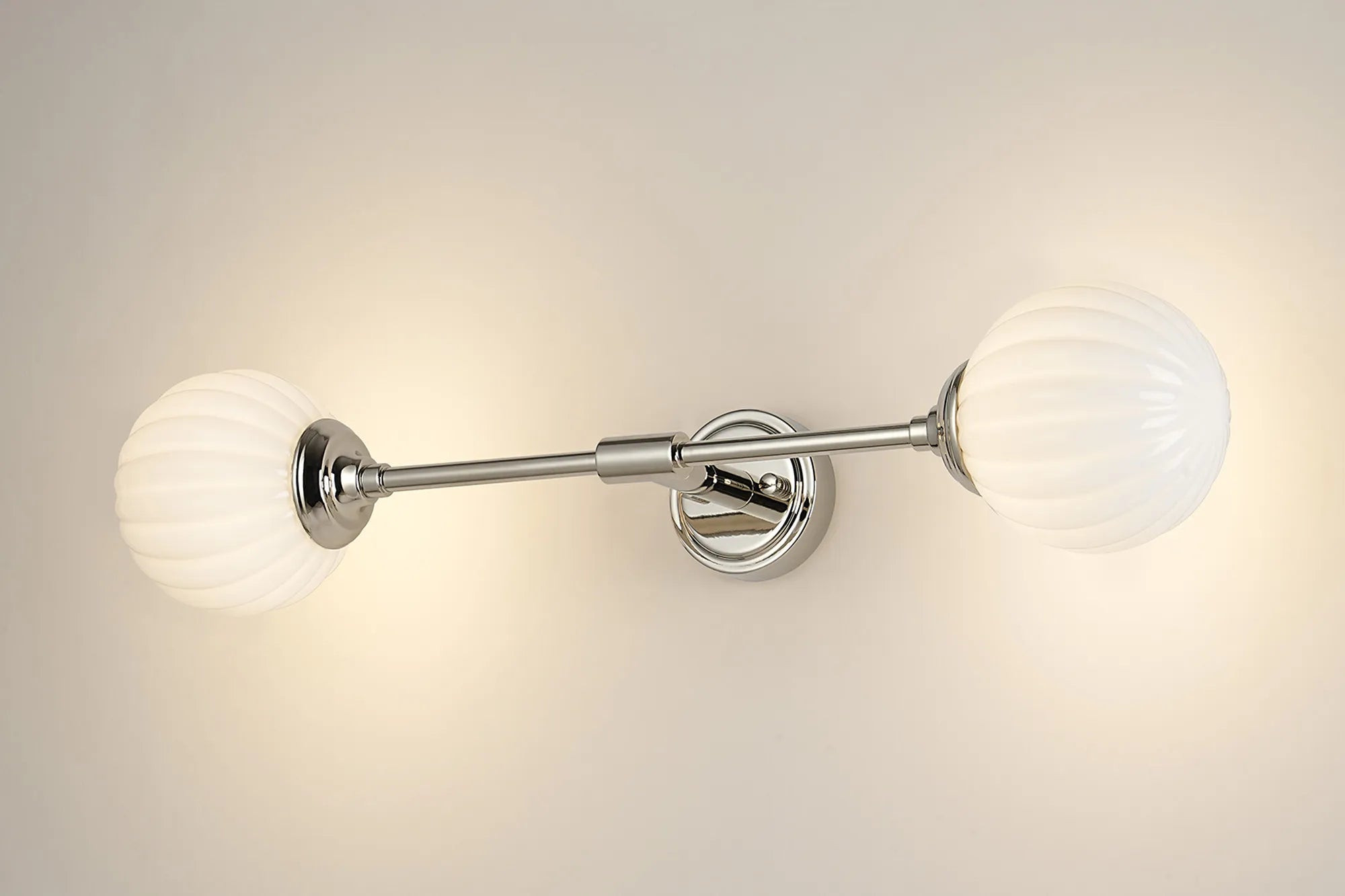Dene Ceiling & Wall Light - Linear 2 Light - IP44 Nickel & White Round Segment Glass