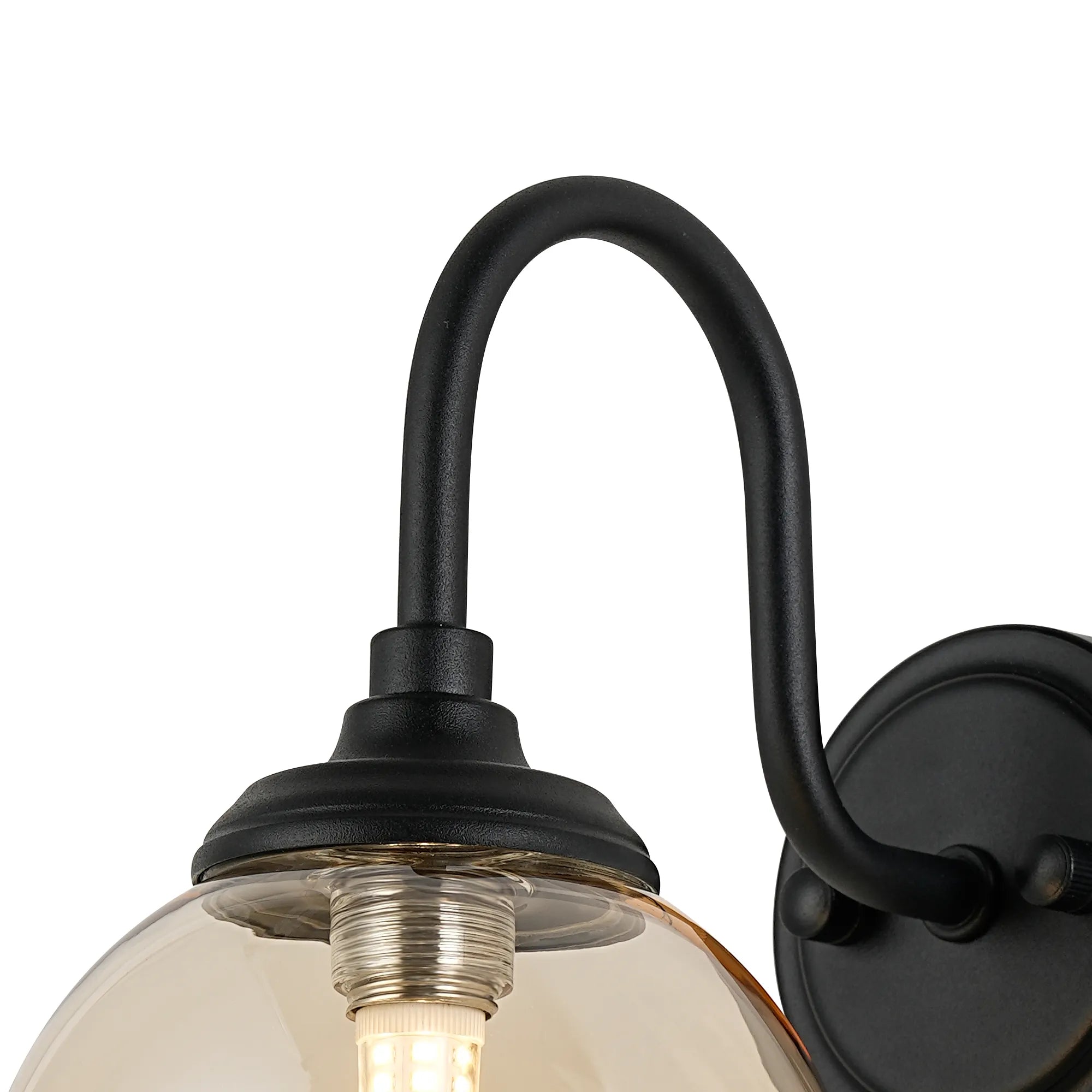 Dene Curved Arm Wall Light - 1 Light - IP44 Satin Black & Amber Smooth Round Glass