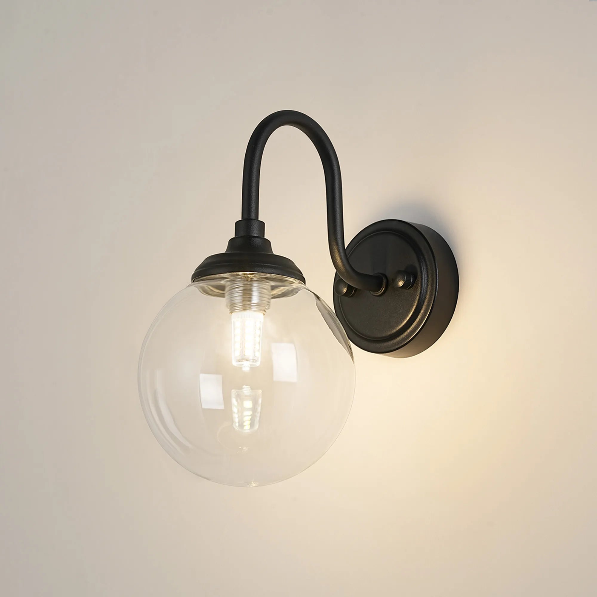 Dene Curved Arm Wall Light - 1 Light - IP44 Satin Black & Clear Smooth Round Glass