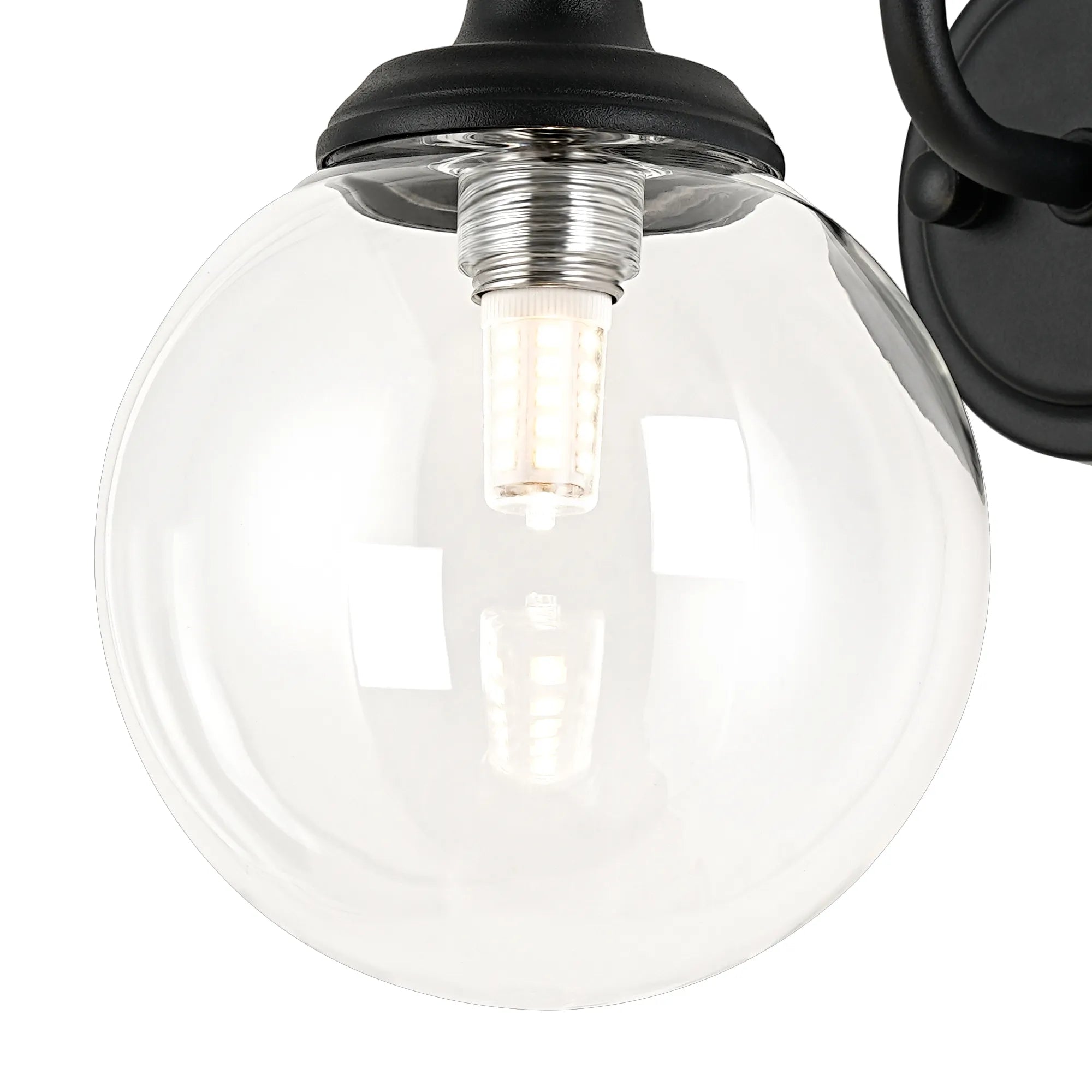 Dene Curved Arm Wall Light - 1 Light - IP44 Satin Black & Clear Smooth Round Glass