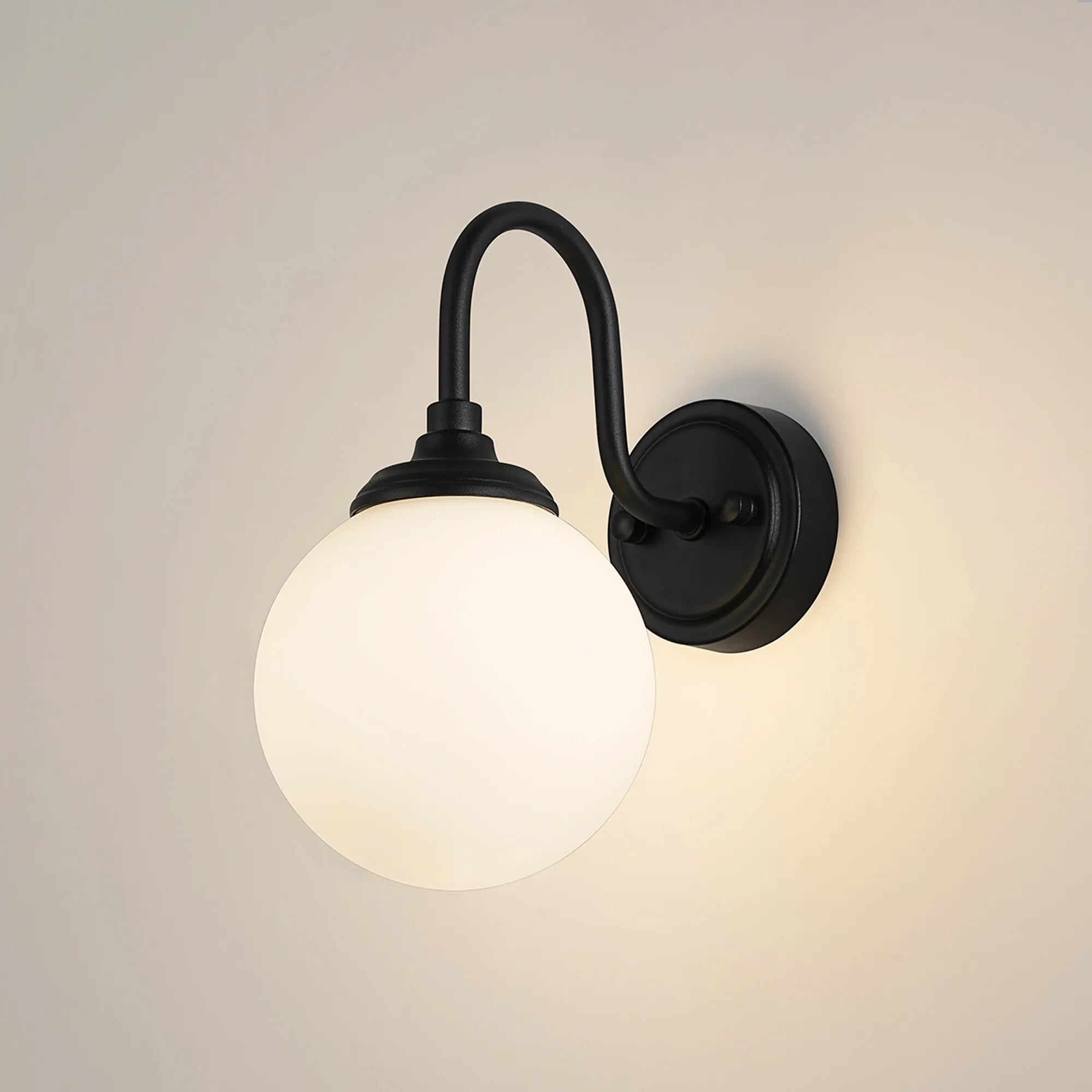 Dene Curved Arm Wall Light - 1 Light - IP44 Satin Black & Opal Smooth Round Glass