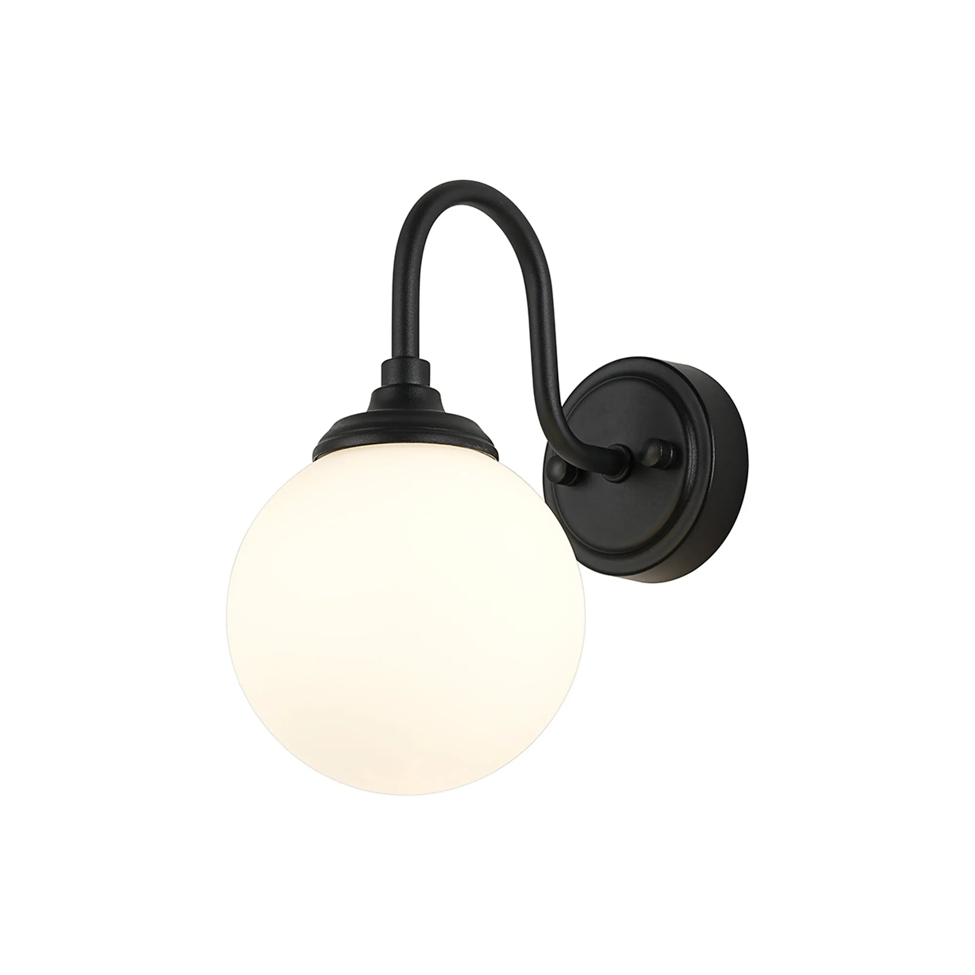 Dene Curved Arm Wall Light - 1 Light - IP44 Satin Black & Opal Smooth Round Glass