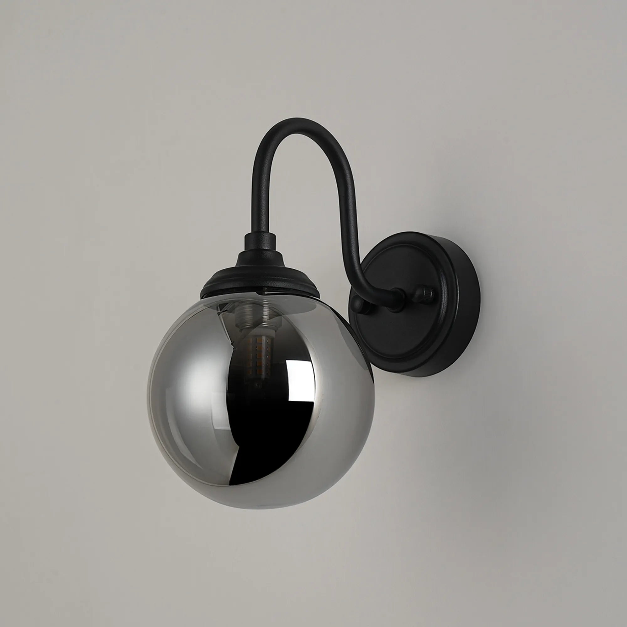 Dene Curved Arm Wall Light - 1 Light - IP44 Satin Black & Smoke Smooth Round Glass