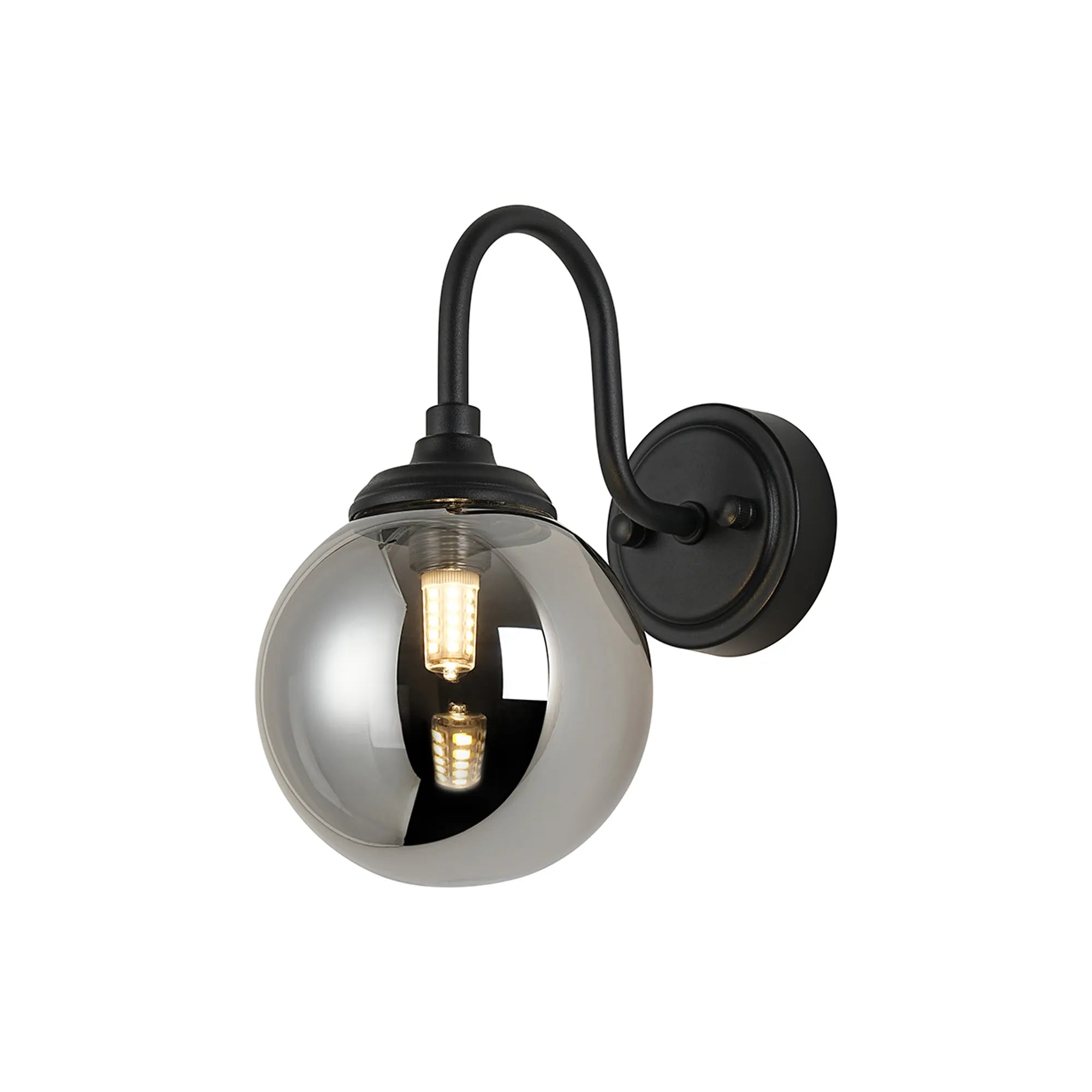 Dene Curved Arm Wall Light - 1 Light - IP44 Satin Black & Smoke Smooth Round Glass