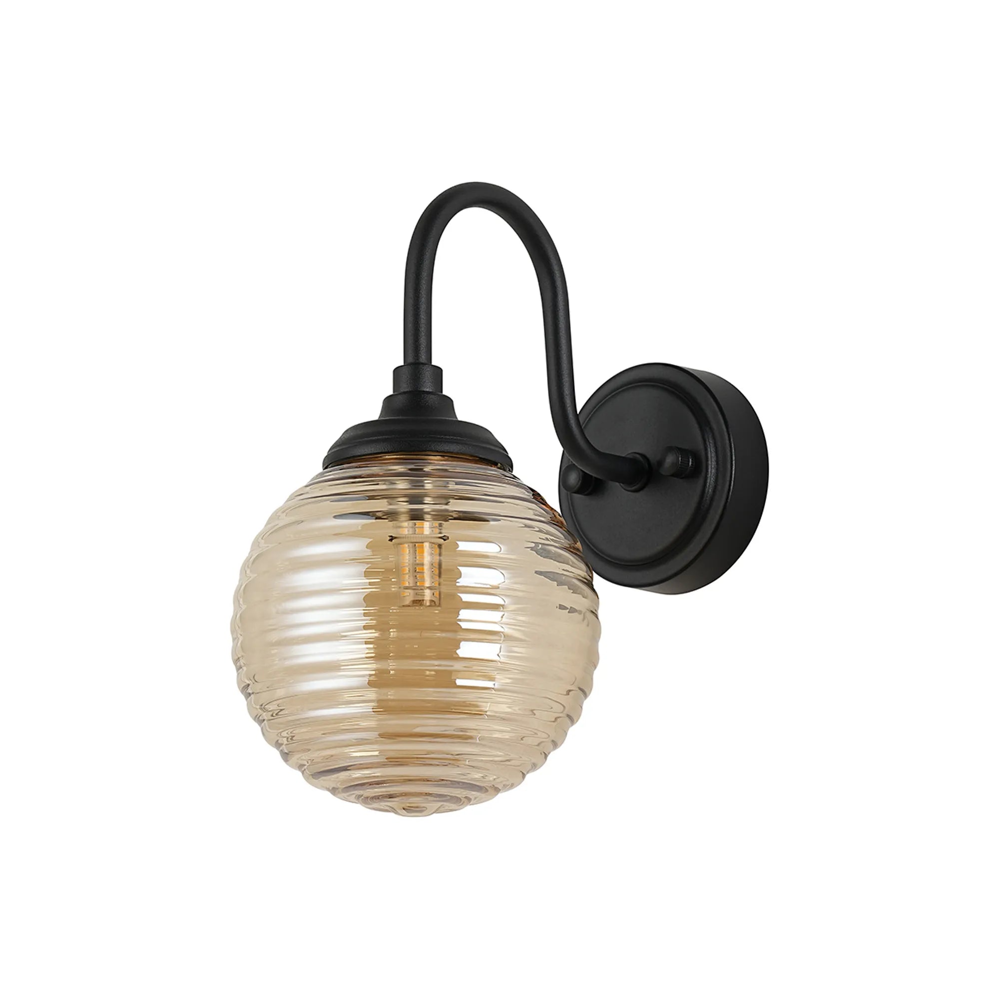 Dene Curved Arm Wall Light - 1 Light - IP44 Satin Black & Amber Ribbed Round Glass