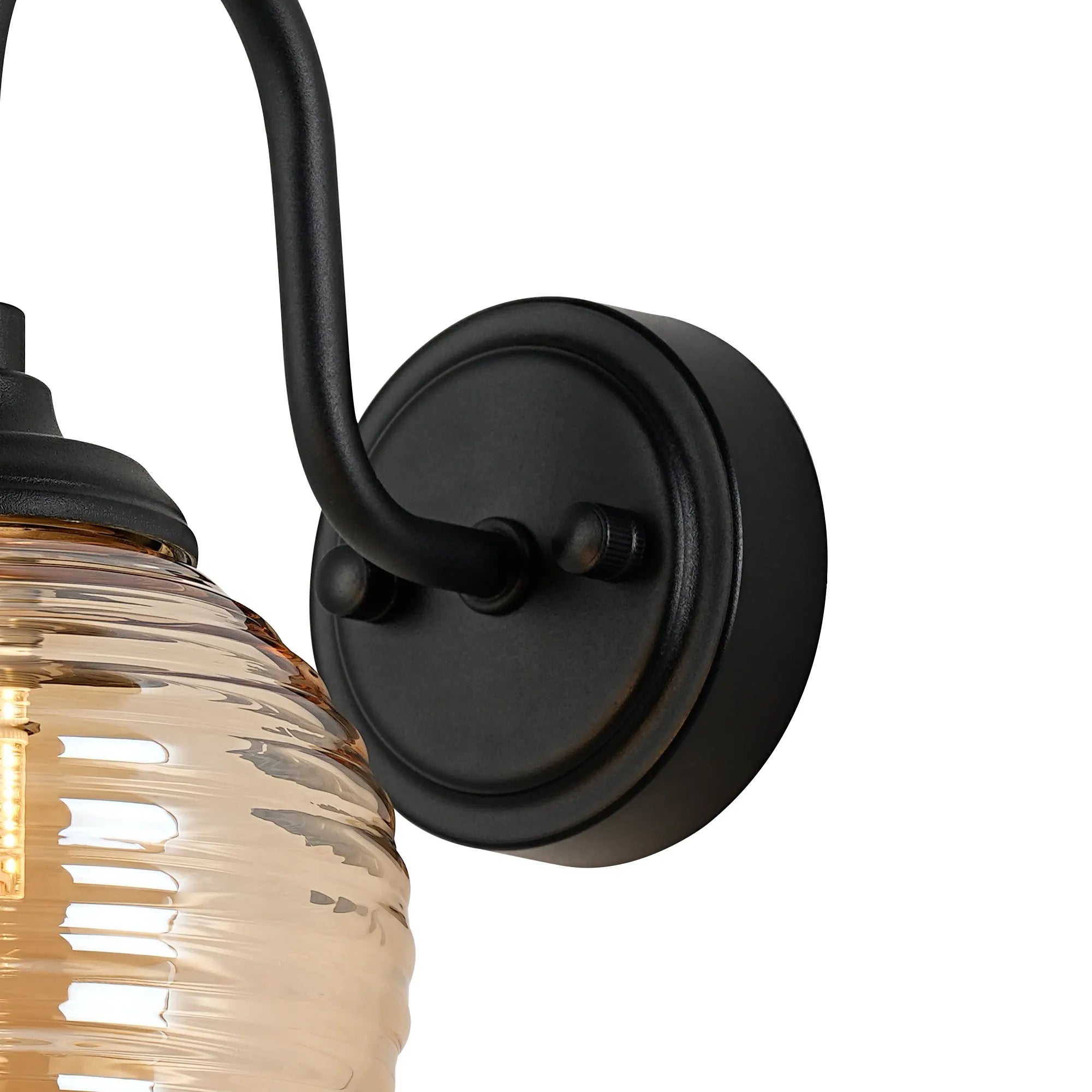 Dene Curved Arm Wall Light - 1 Light - IP44 Satin Black & Amber Ribbed Round Glass