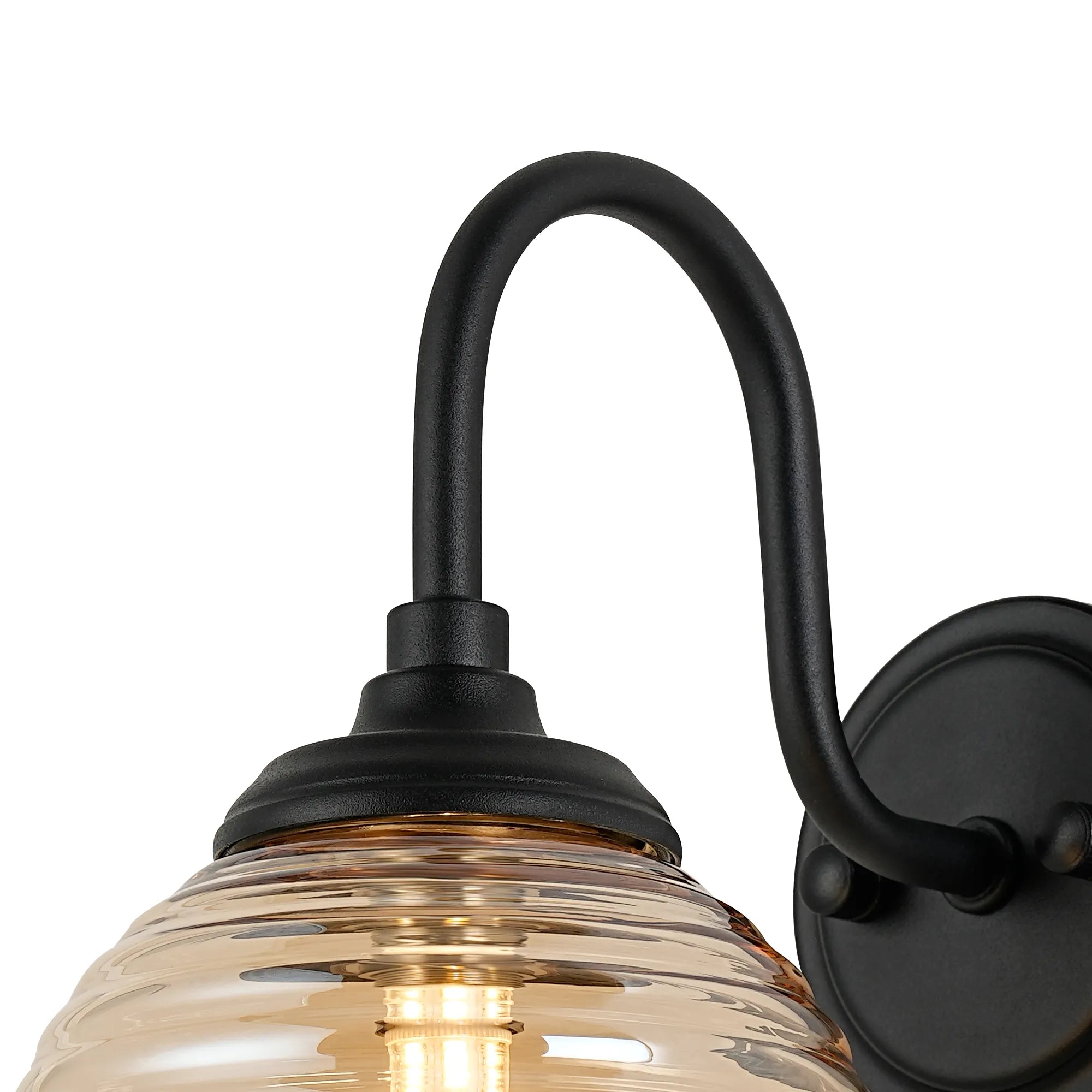 Dene Curved Arm Wall Light - 1 Light - IP44 Satin Black & Amber Ribbed Round Glass