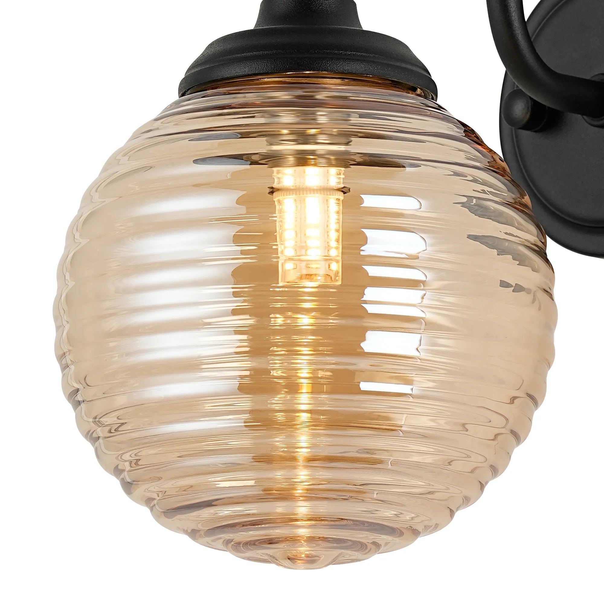 Dene Curved Arm Wall Light - 1 Light - IP44 Satin Black & Amber Ribbed Round Glass
