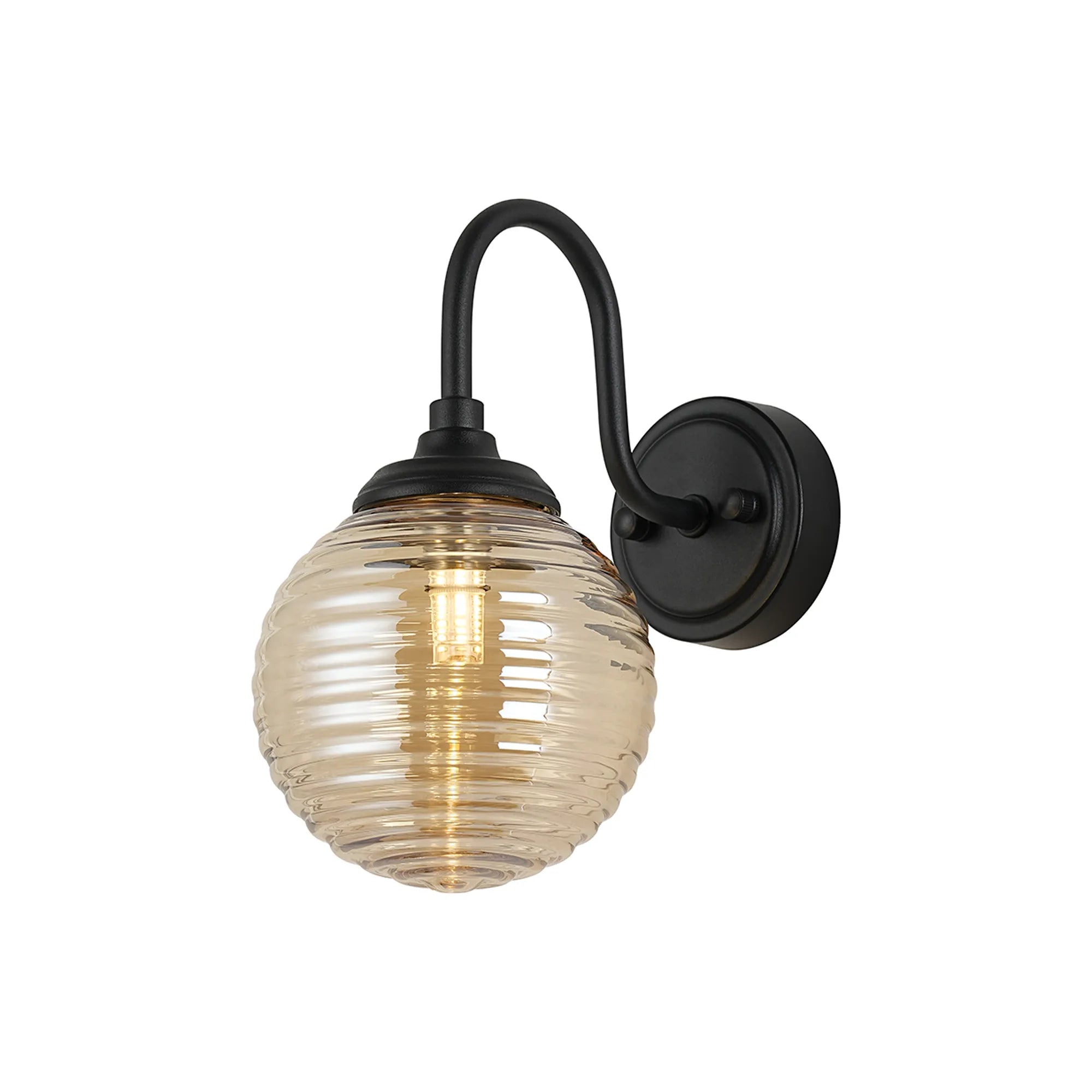 Dene Curved Arm Wall Light - 1 Light - IP44 Satin Black & Amber Ribbed Round Glass
