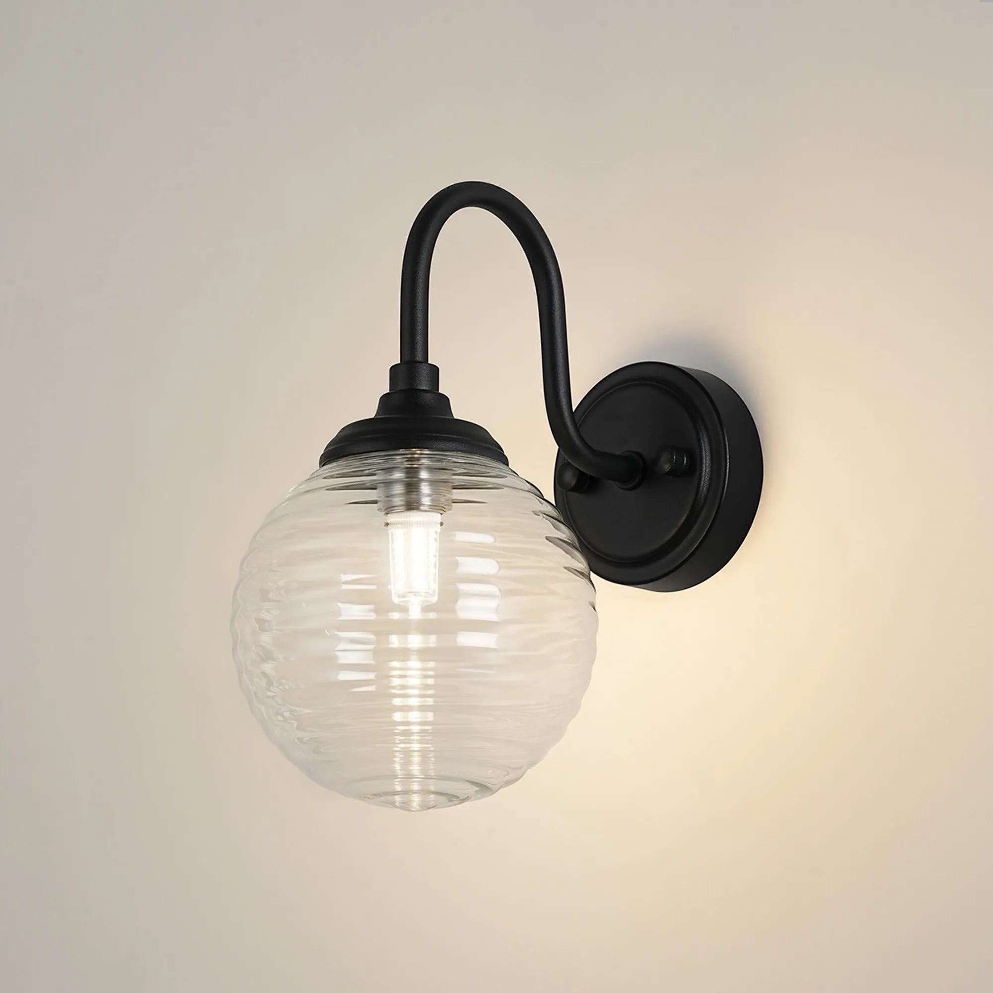 Dene Curved Arm Wall Light - 1 Light - IP44 Satin Black & Clear Ribbed Round Glass