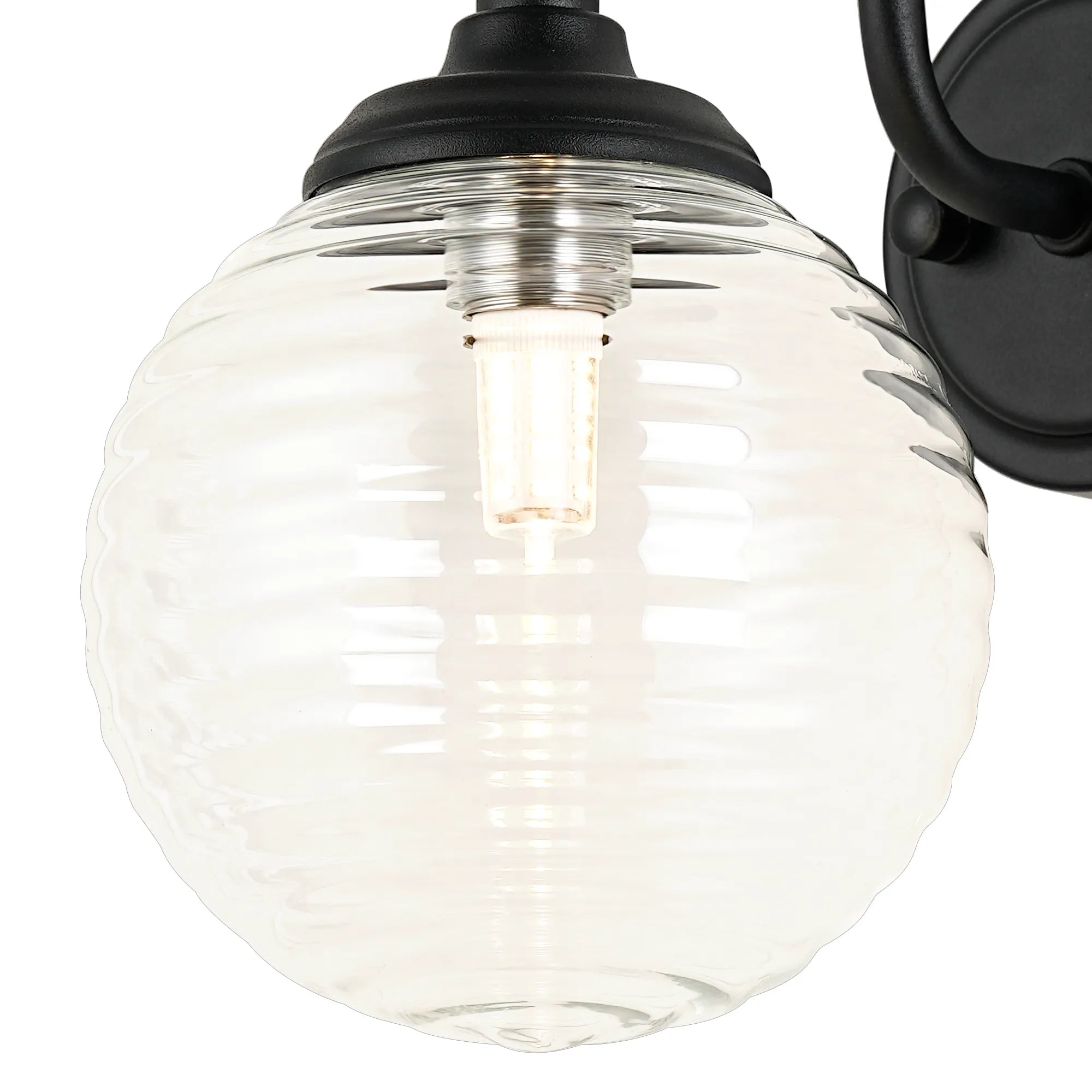 Dene Curved Arm Wall Light - 1 Light - IP44 Satin Black & Clear Ribbed Round Glass