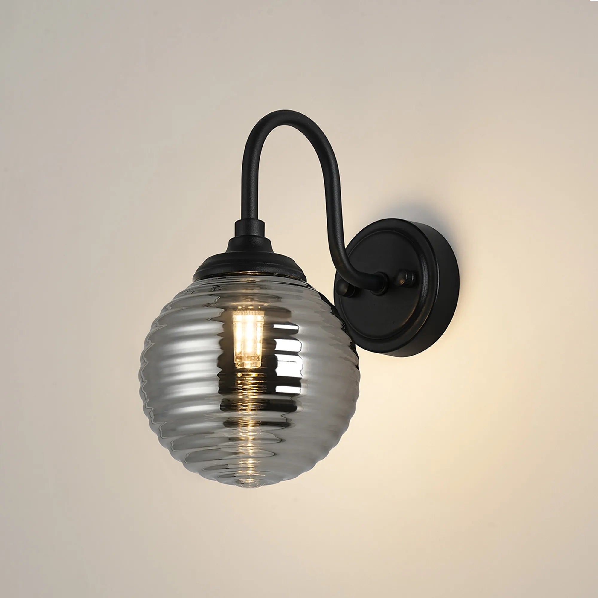 Dene Curved Arm Wall Light - 1 Light - IP44 Satin Black & Smoke Ribbed Round Glass