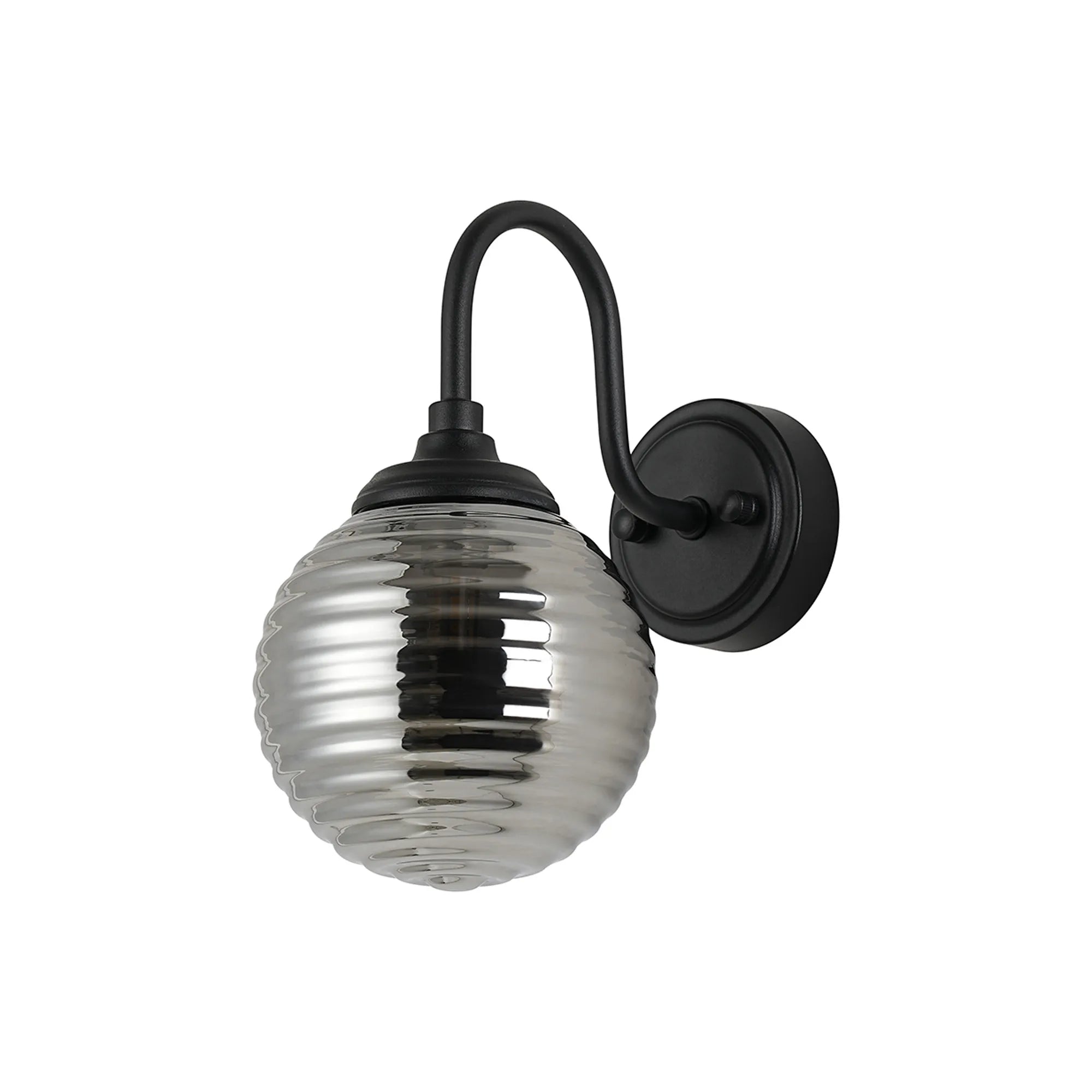 Dene Curved Arm Wall Light - 1 Light - IP44 Satin Black & Smoke Ribbed Round Glass