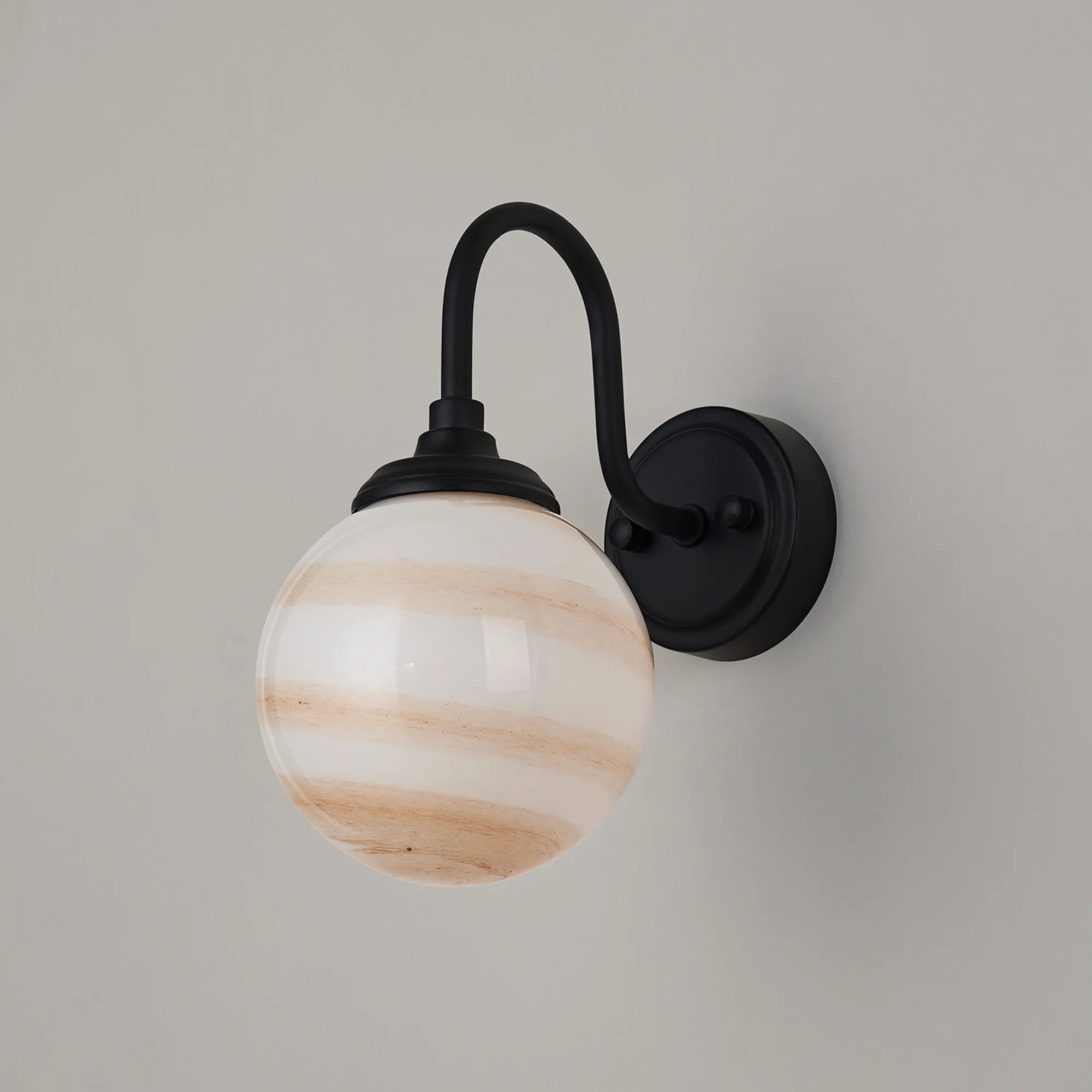 Dene Curved Arm Wall Light - 1 Light - IP44 Satin Black & Brown & White Round Marble Effect Glass