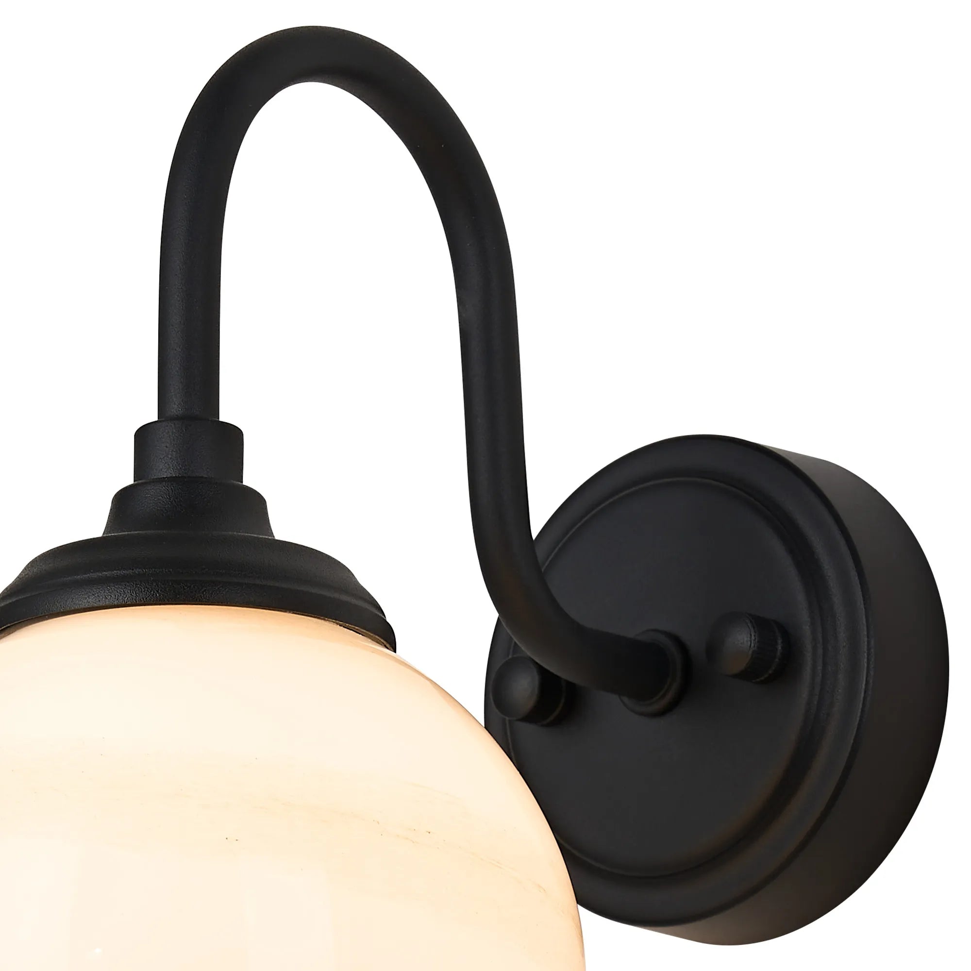 Dene Curved Arm Wall Light - 1 Light - IP44 Satin Black & Brown & White Round Marble Effect Glass