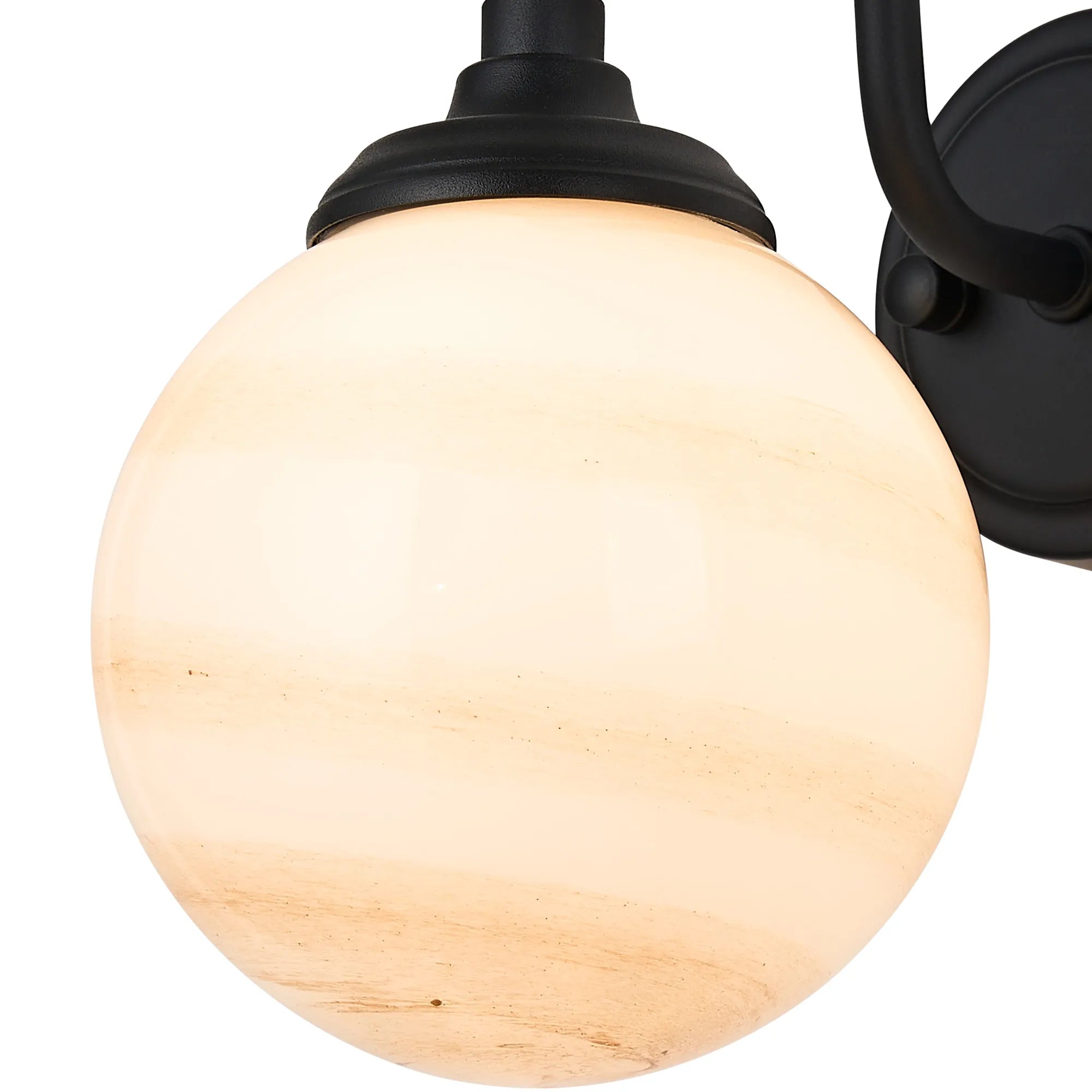 Dene Curved Arm Wall Light - 1 Light - IP44 Satin Black & Brown & White Round Marble Effect Glass