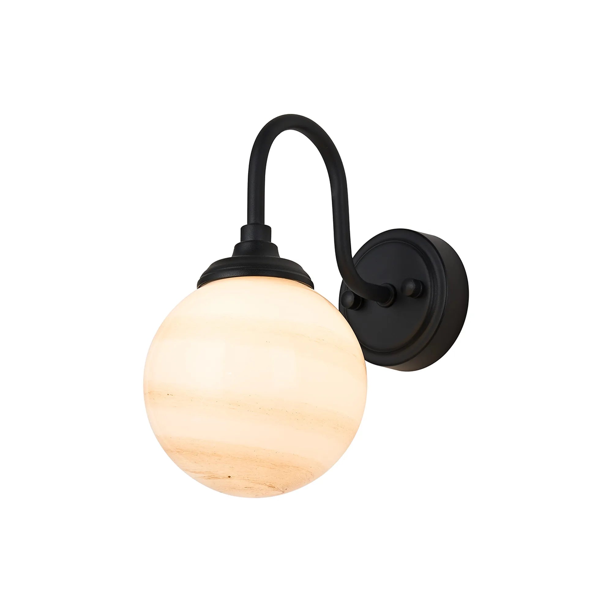 Dene Curved Arm Wall Light - 1 Light - IP44 Satin Black & Brown & White Round Marble Effect Glass