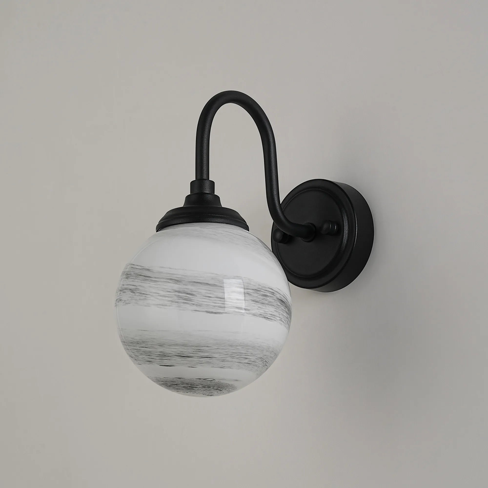 Dene Curved Arm Wall Light - 1 Light - IP44 Satin Black & Grey & White Round Marble Effect Glass