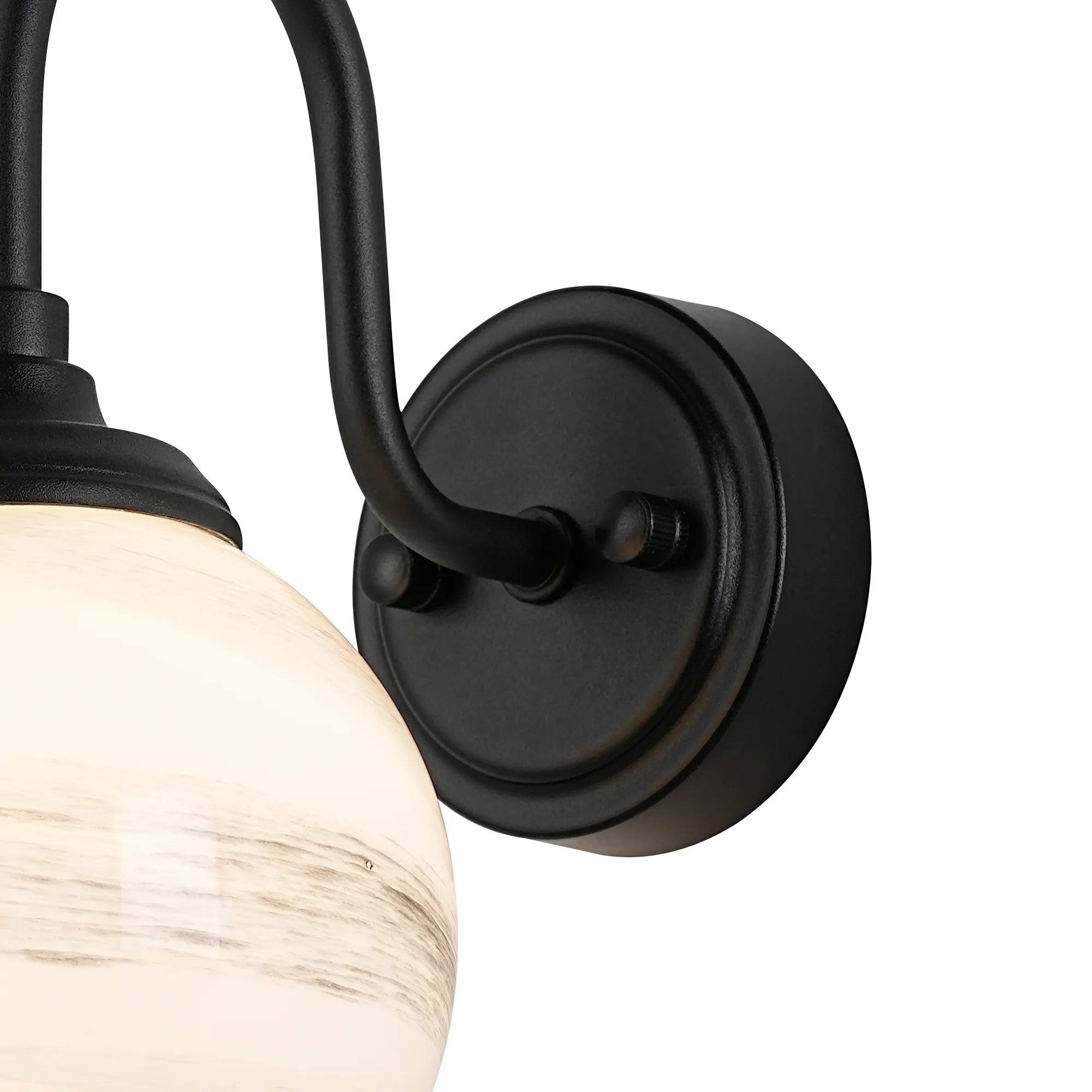 Dene Curved Arm Wall Light - 1 Light - IP44 Satin Black & Grey & White Round Marble Effect Glass