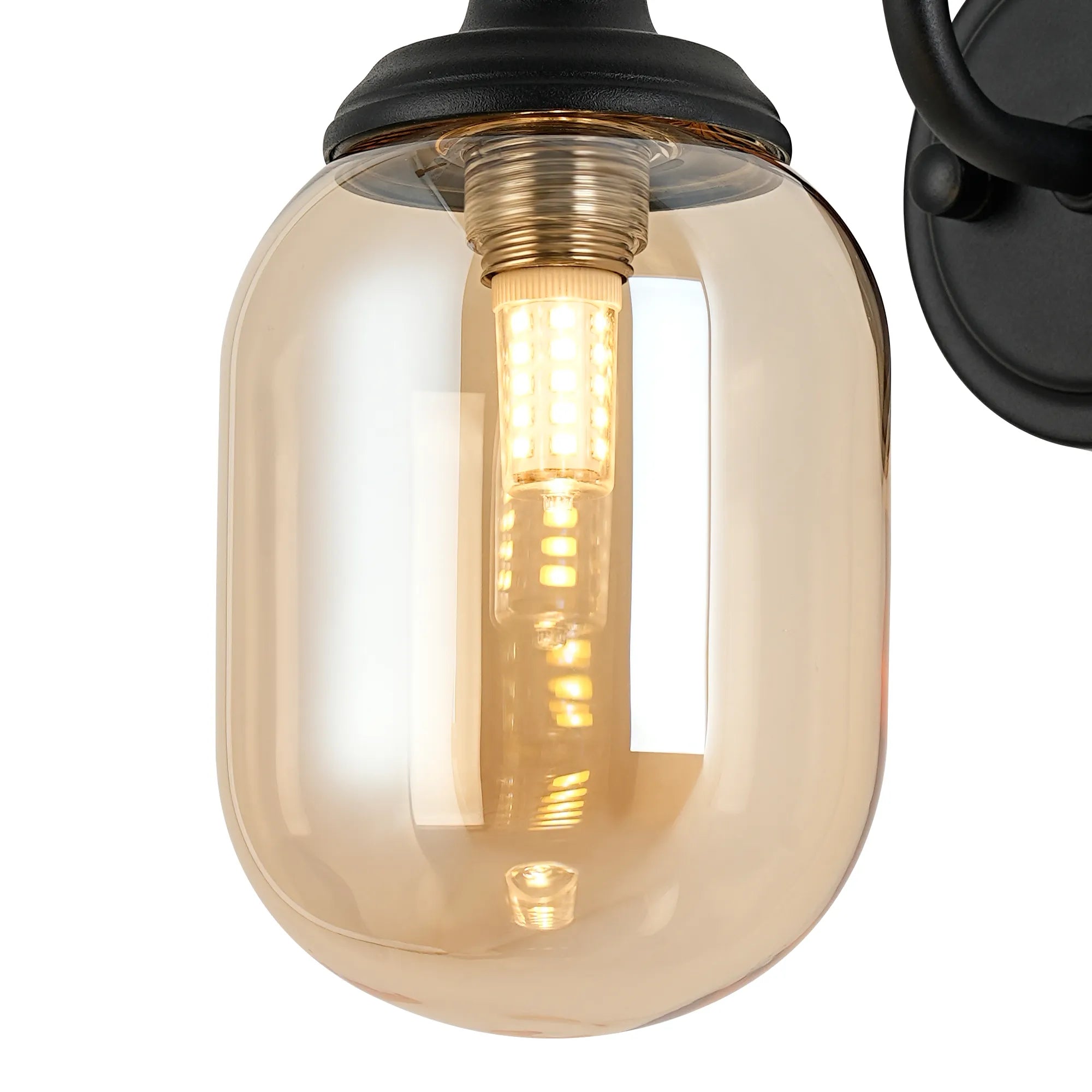 Dene Curved Arm Wall Light - 1 Light - IP44 Satin Black & Amber Smooth Tubular Glass