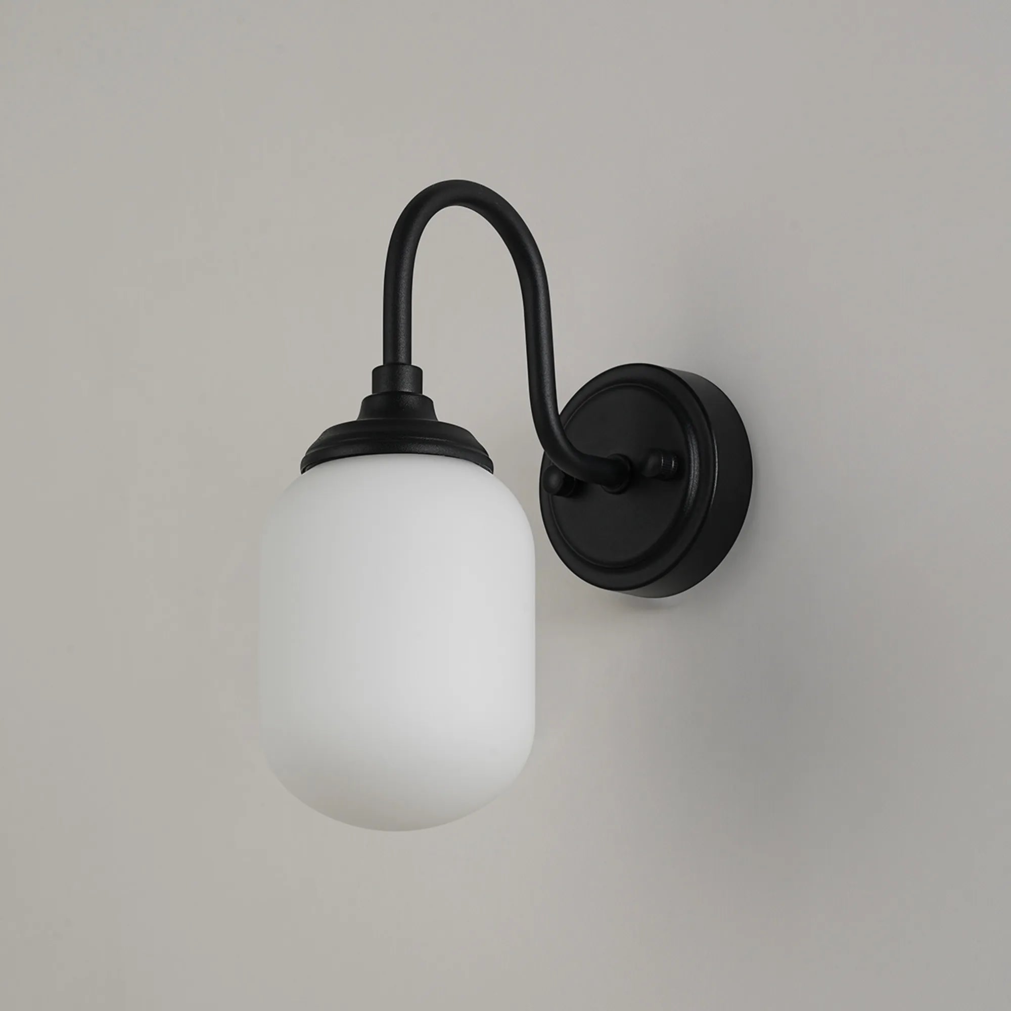 Dene Curved Arm Wall Light - 1 Light - IP44 Satin Black & Opal Smooth Tubular Glass