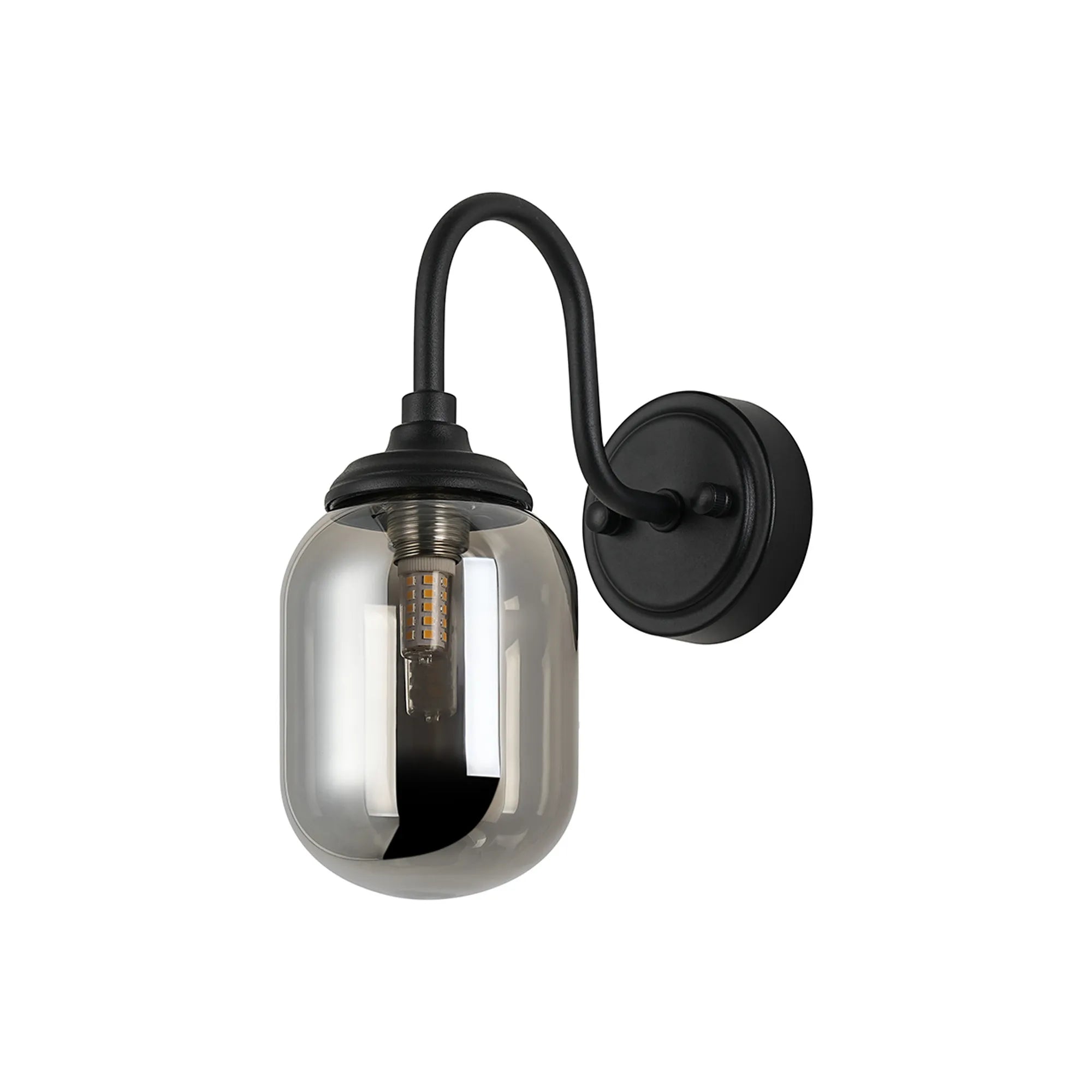 Dene Curved Arm Wall Light - 1 Light - IP44 Satin Black & Smoke Smooth Tubular Glass