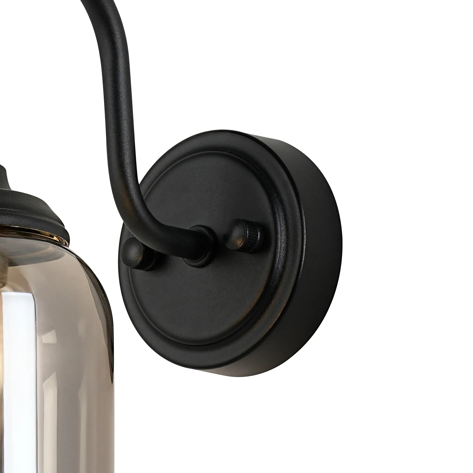 Dene Curved Arm Wall Light - 1 Light - IP44 Satin Black & Smoke Smooth Tubular Glass
