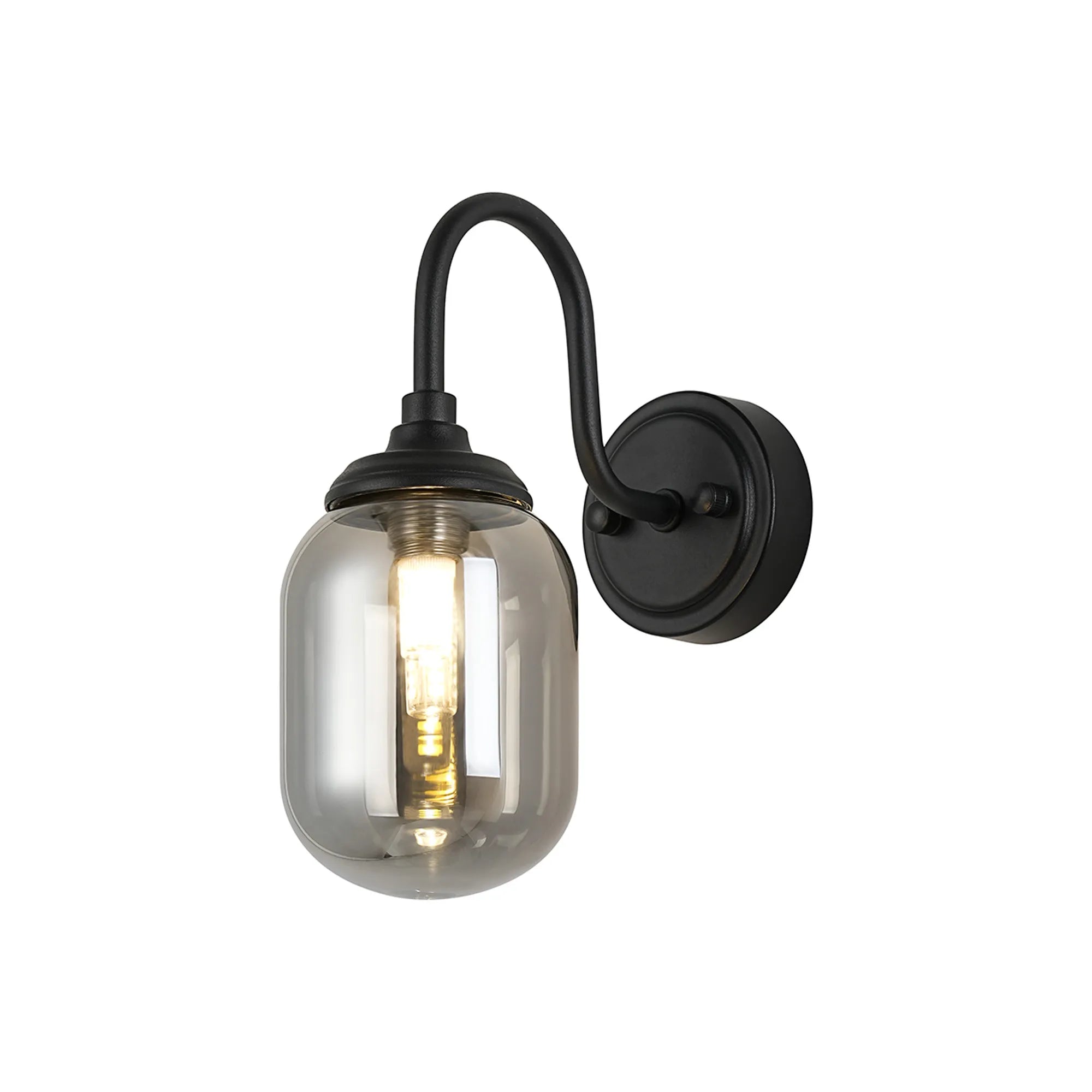 Dene Curved Arm Wall Light - 1 Light - IP44 Satin Black & Smoke Smooth Tubular Glass