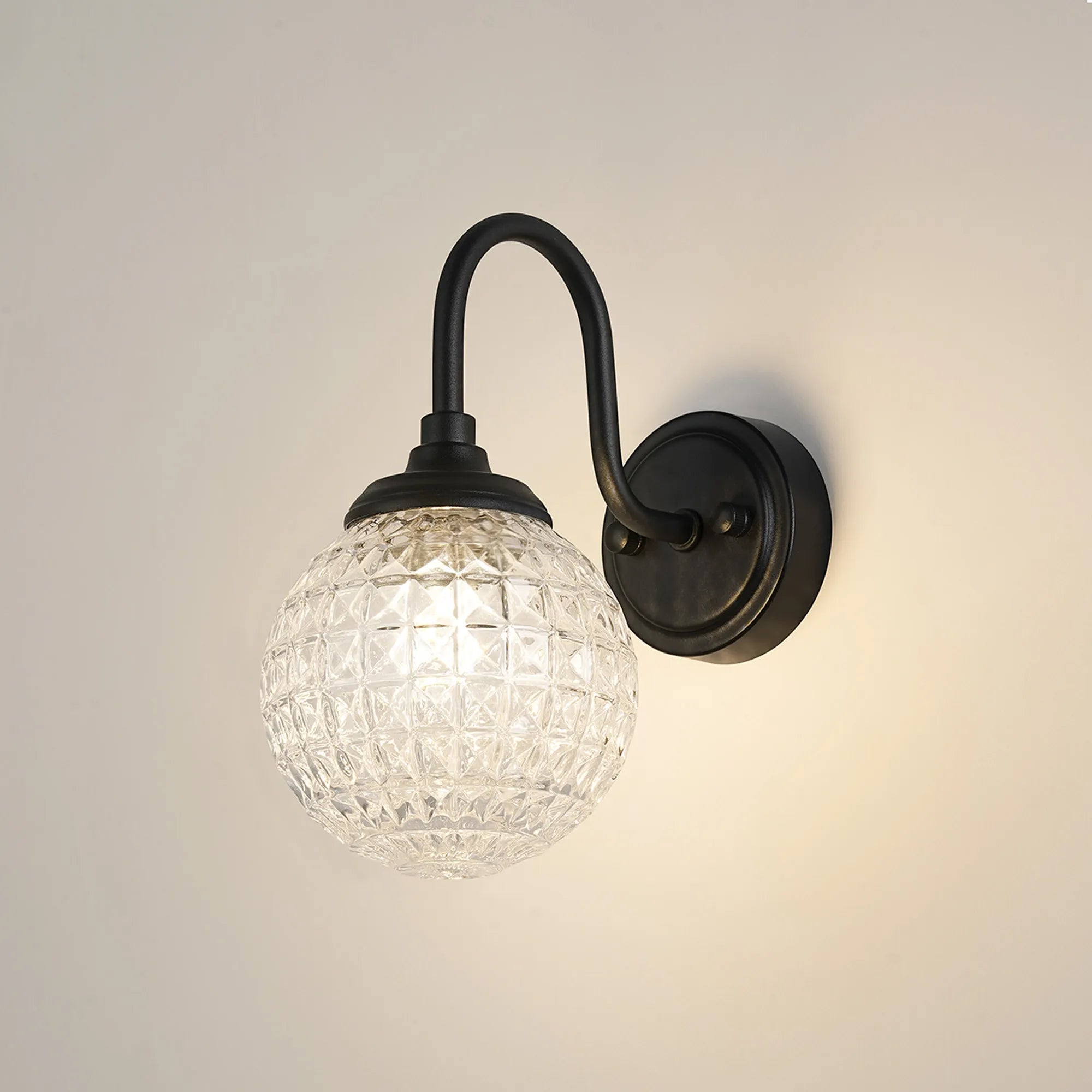 Dene Curved Arm Wall Light - 1 Light - IP44 Satin Black & Clear Cross Pattern Round Glass