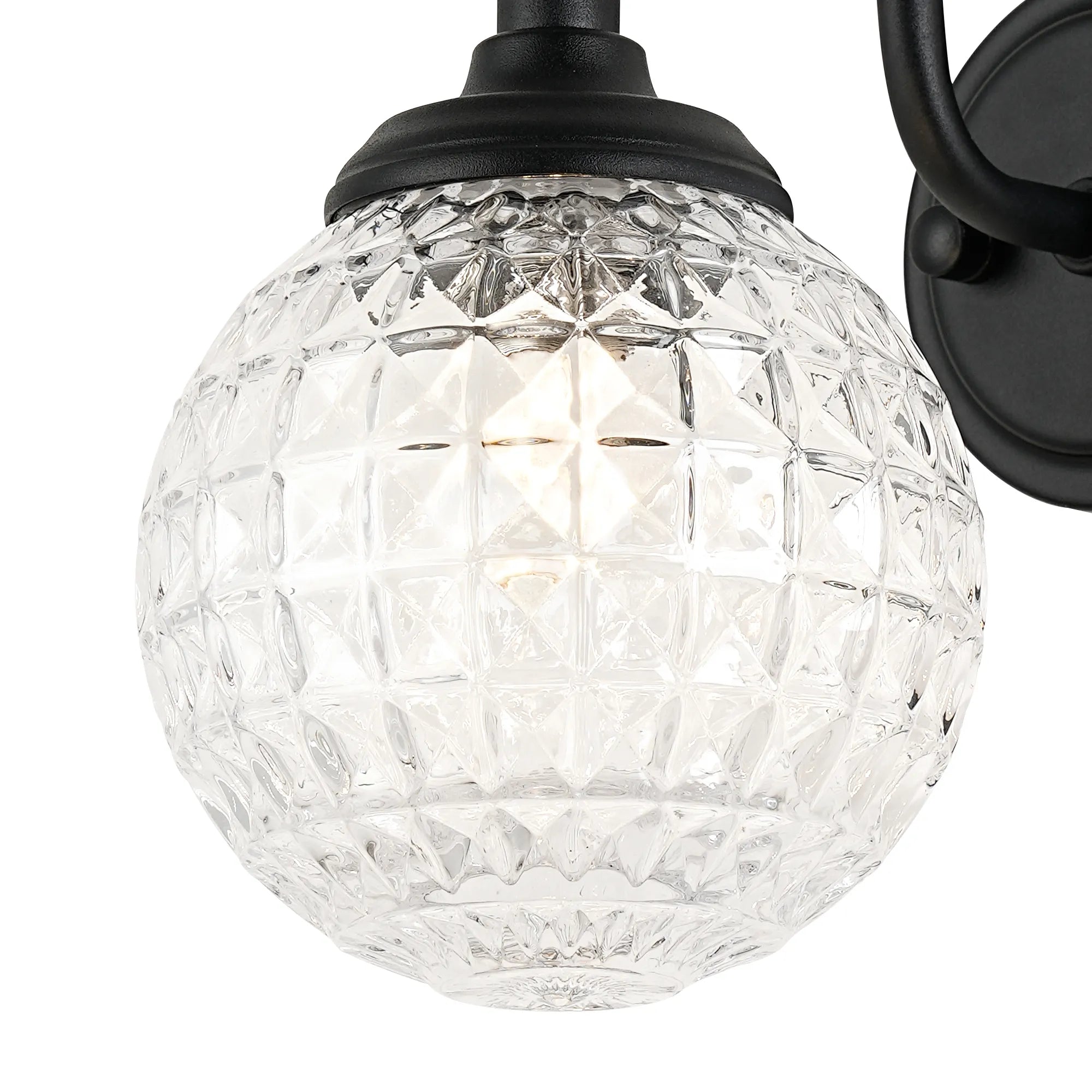 Dene Curved Arm Wall Light - 1 Light - IP44 Satin Black & Clear Cross Pattern Round Glass