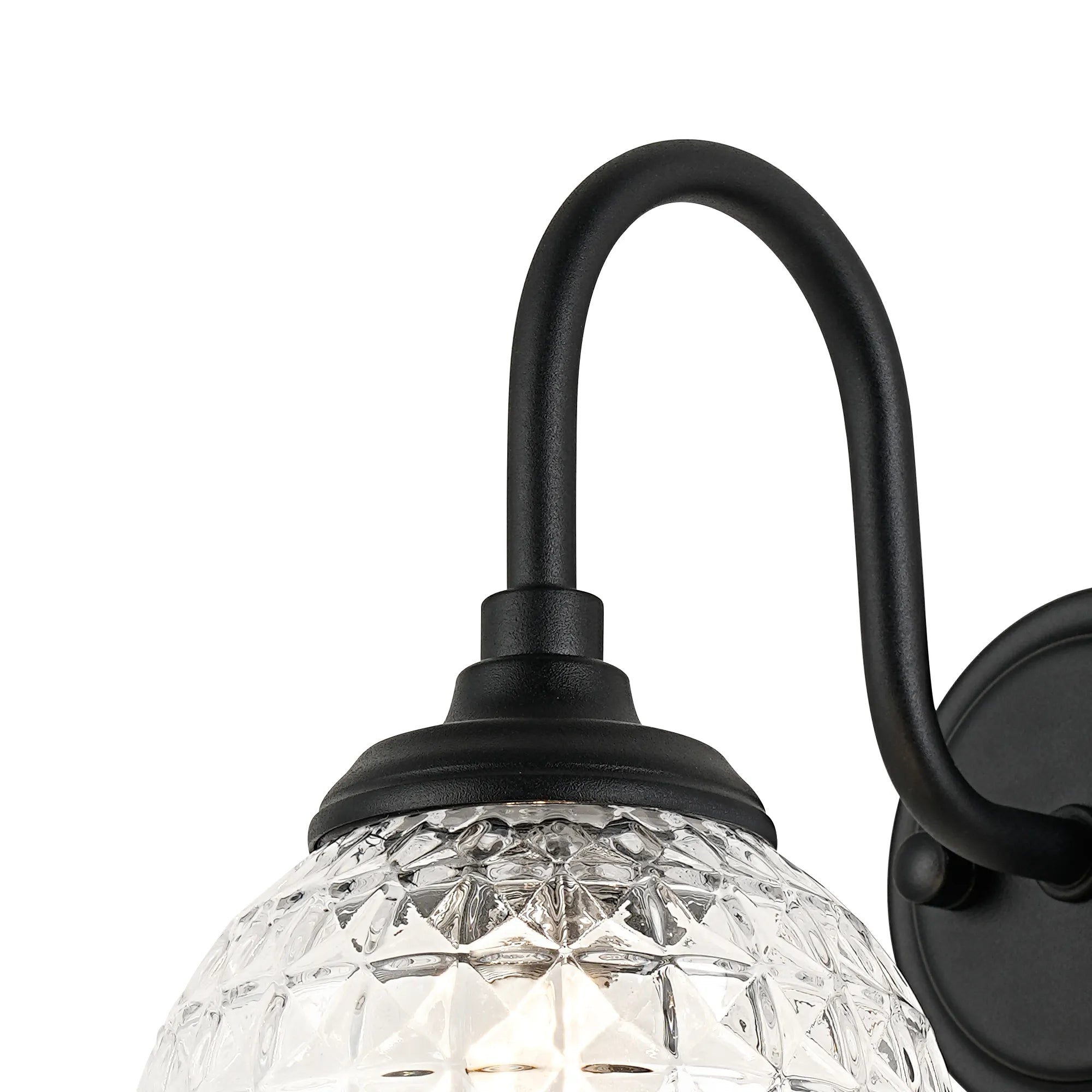 Dene Curved Arm Wall Light - 1 Light - IP44 Satin Black & Clear Cross Pattern Round Glass